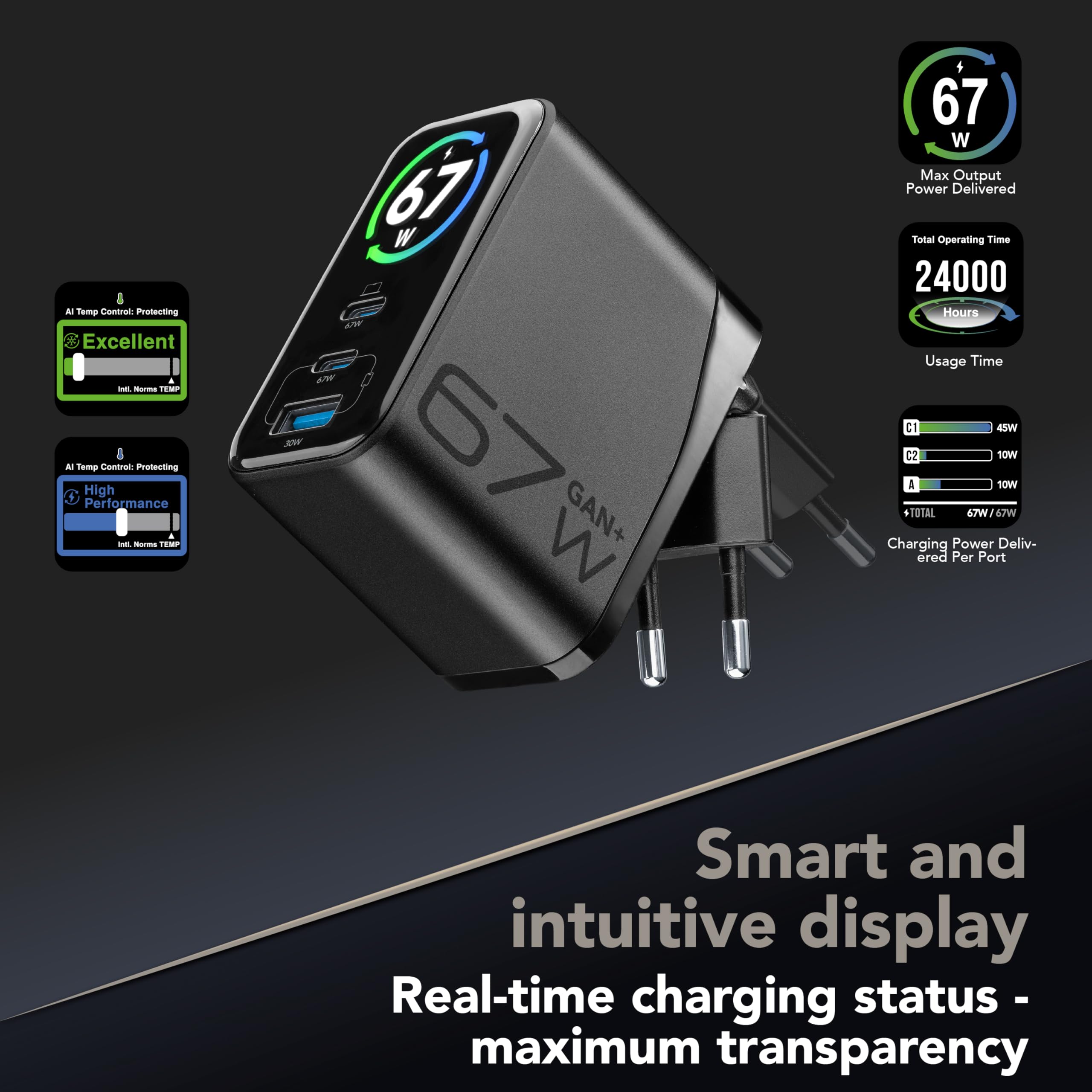 Cellularline PowerView IQ Cargador 67W con Pantalla TFT para Carga rapida y Control de Potencia en Tiempo Real, Negro