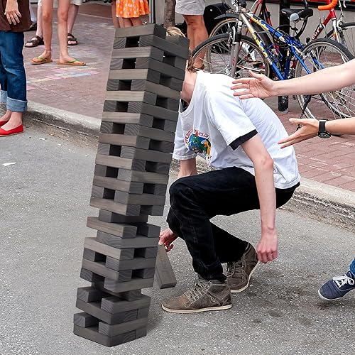 Miniatura 4 de Juegoal Torre gigante de 54 piezas gris para adultos y niños, juego de apilamiento de bloques de madera con tablero de juego y bolsa de lona, juegos