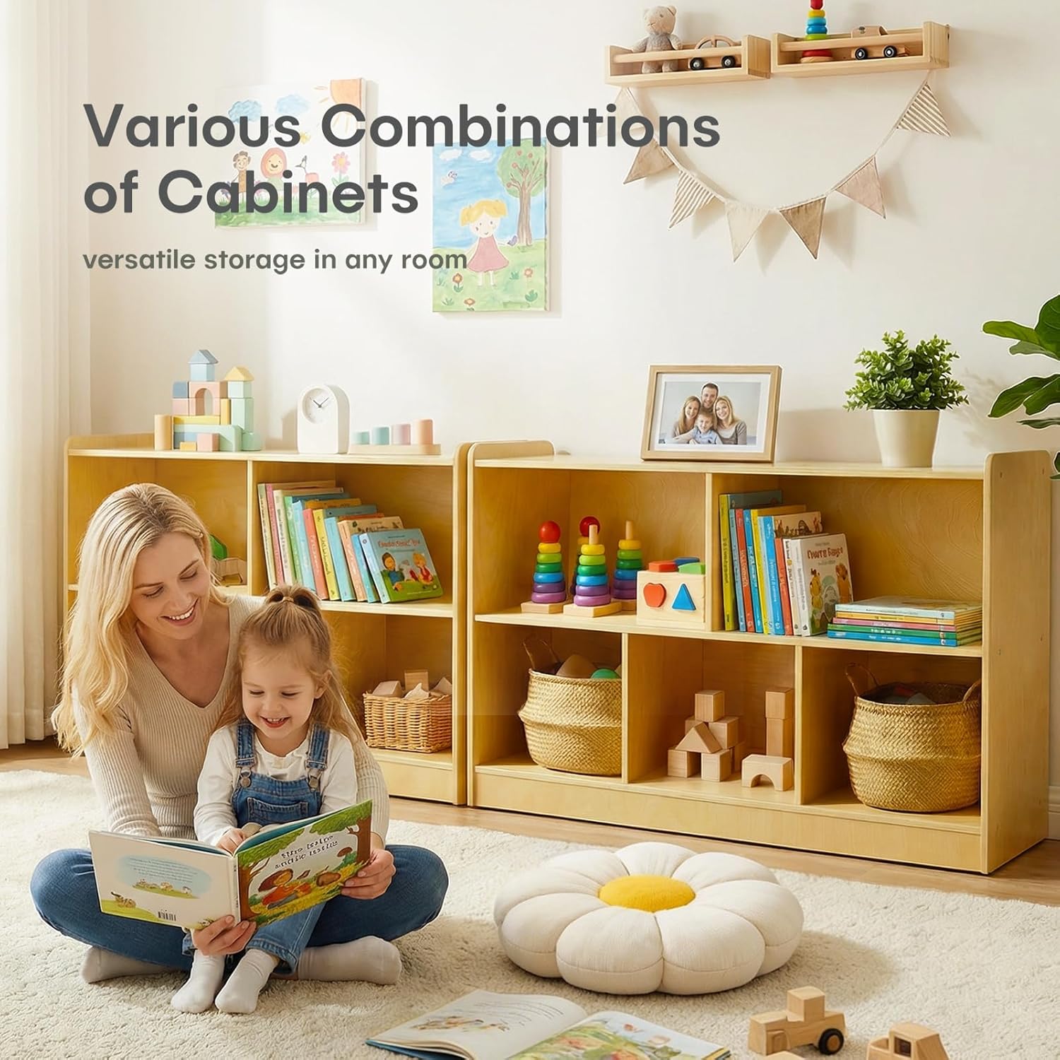 Montessori Shelf, Wooden Toy Storage Organizer with 2-Tier Shelf & 5-Section Storage Cabinet, Kids Bookshelf/Bookcase for Toddler Playroom, Nursery, Classroom(Natural)