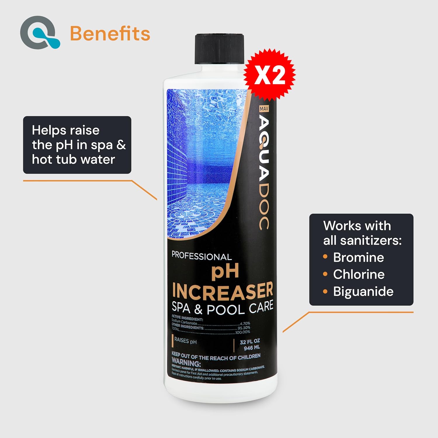 AquaDoc Spa pH Increaser for Hot Tub - 32oz (2 Pack) - Sodium Carbonate Spa pH Up for Water Balance - Made in USA