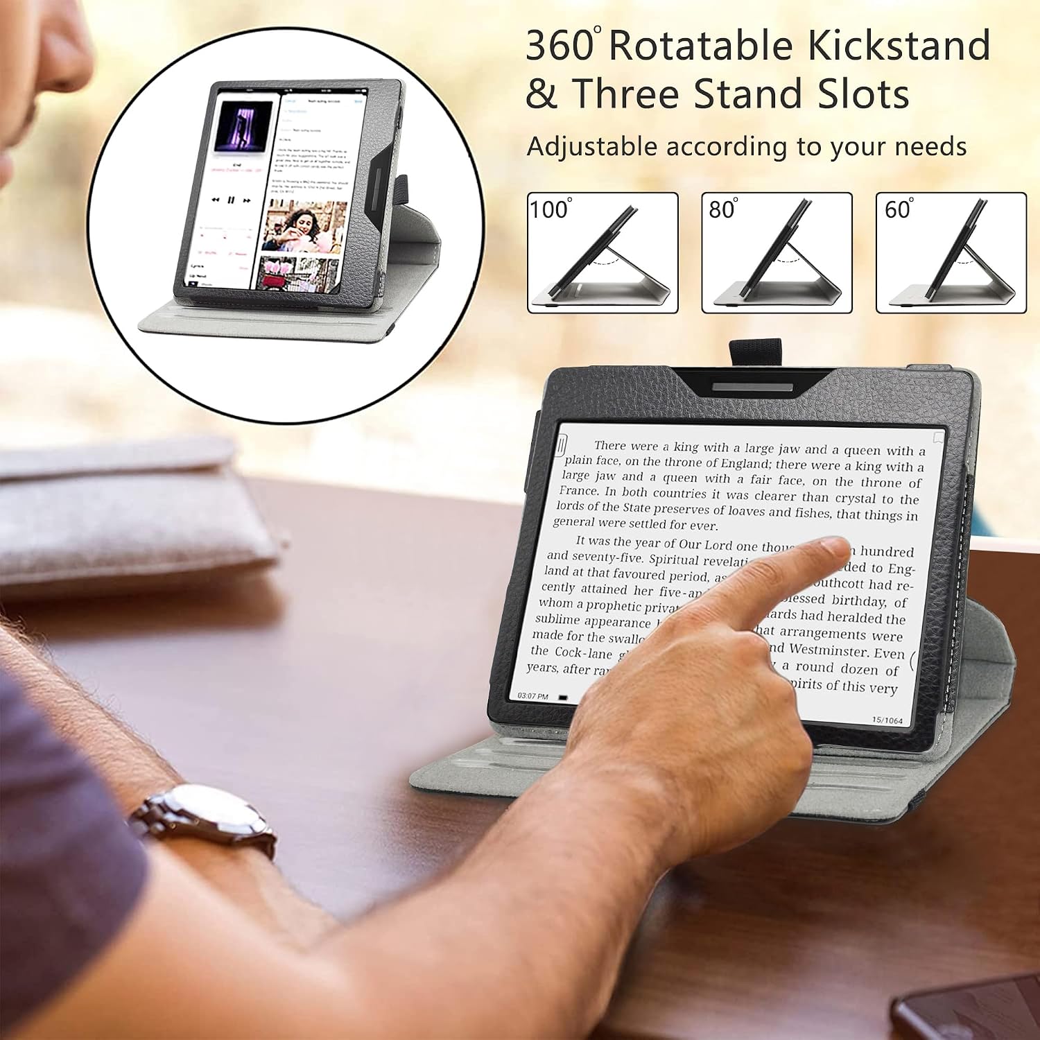 LiuShan 360° Rotation Stand PU Cover for 7" BOOX/Leaf2/Leaf3/Page/Galileo/GO Color Tablet, Black