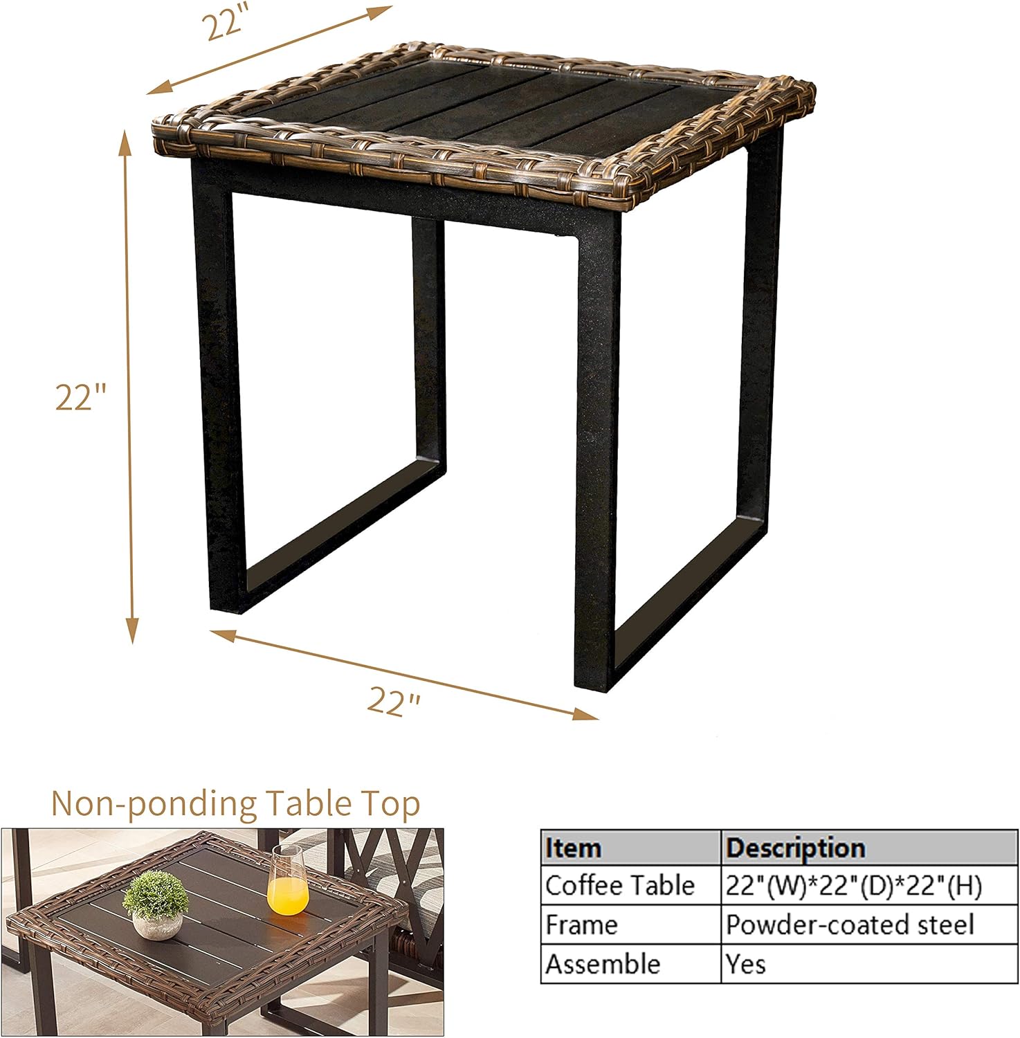 PatioFestival Wicker Patio Coffee Table Side Patio Bistro Table Metal Rattan Furniture with All Weather Steel Frame