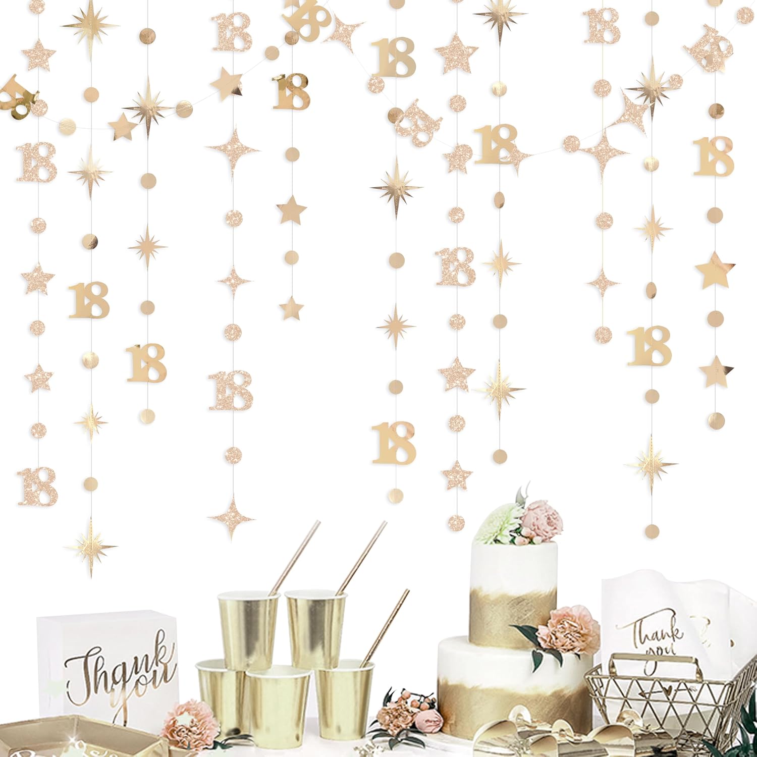 Champagne Gold 18th Birthday Decorations Number 18 Circle Dot Twinkle Star Garland Streamer Banner Backdrop for Girls Boys Happy 18th Birthday Time to Adult Cheers to 18 Years Old Anniversary Party