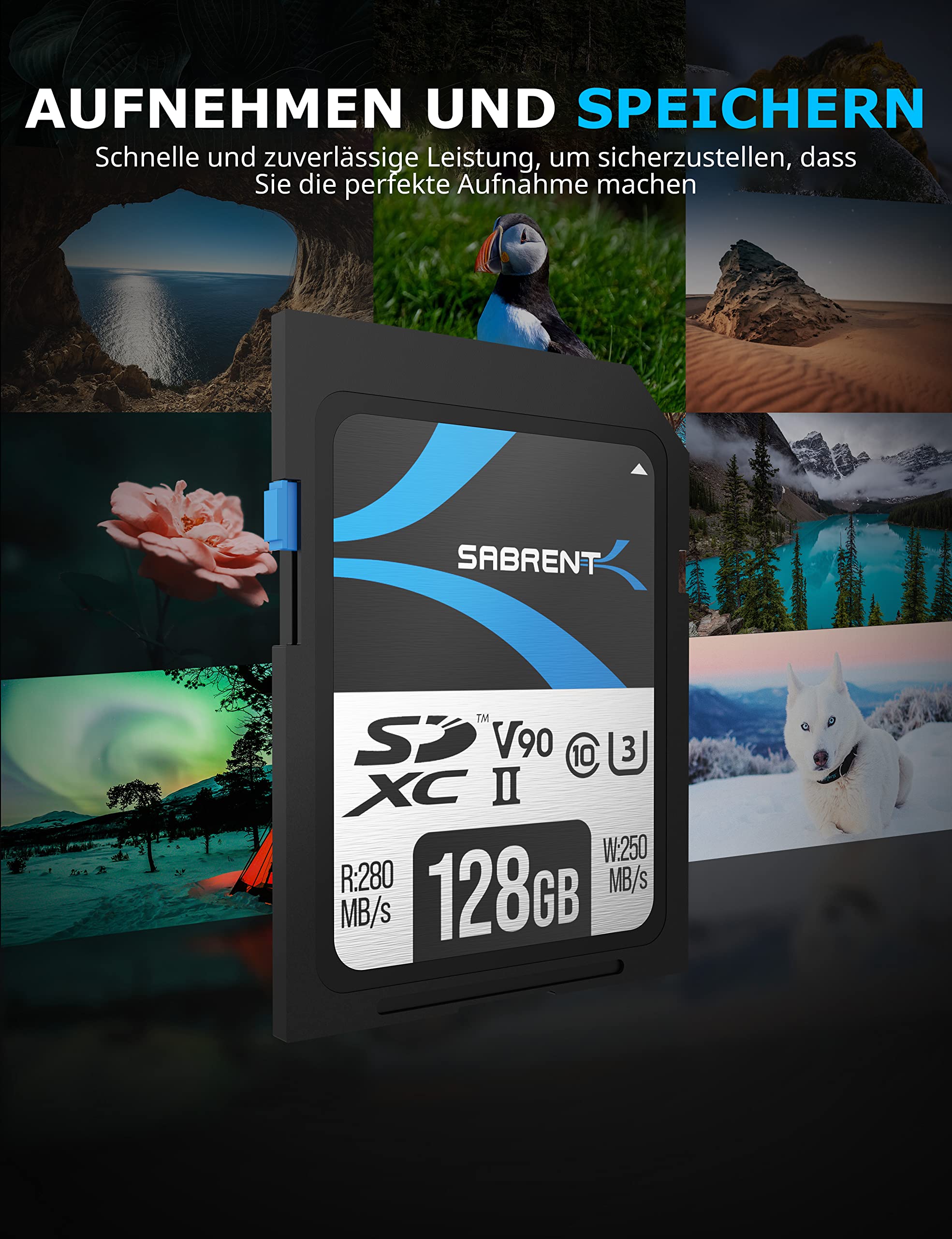 SABRENT SD Karte 128GB V90 UHS-II U3 SDXC Card Class 10, 280MB/s Lesen, 250MB/s Schreiben – Professionelle Speicherkarte für 4K 8K Video, DSLR, Drohne, Kamera (SD-TL90-128GB)