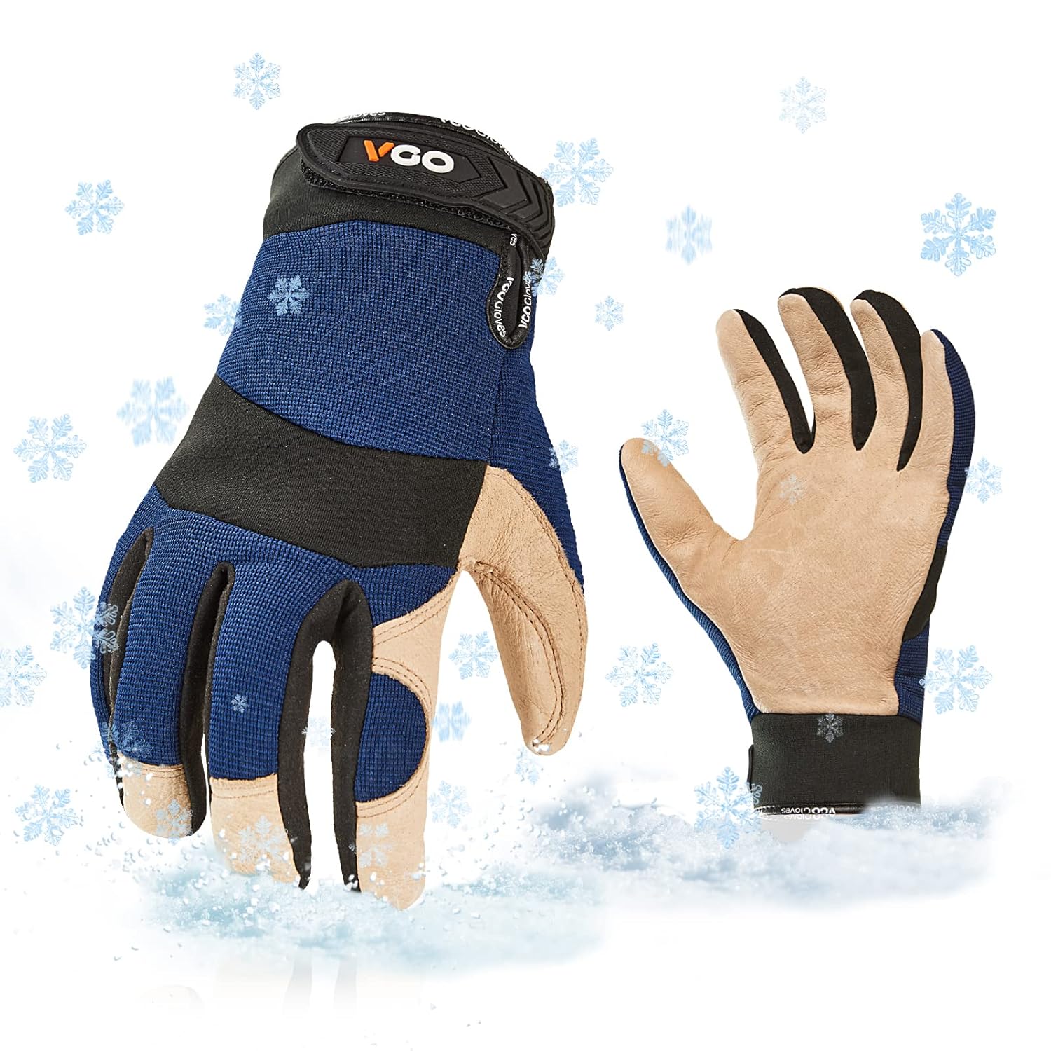 Vgo... 1-Pair 32℉ or above Lined Warm Winter Work Gloves Men,Pigskin Leather,Cold Storage(Size XXL,Blue,PA7620F)