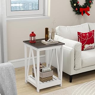 Farmhouse Square End Table, Accent Side Table with Slats Design, Sofa Side Table with Sturdy Frame for Living Room, Dark Grey