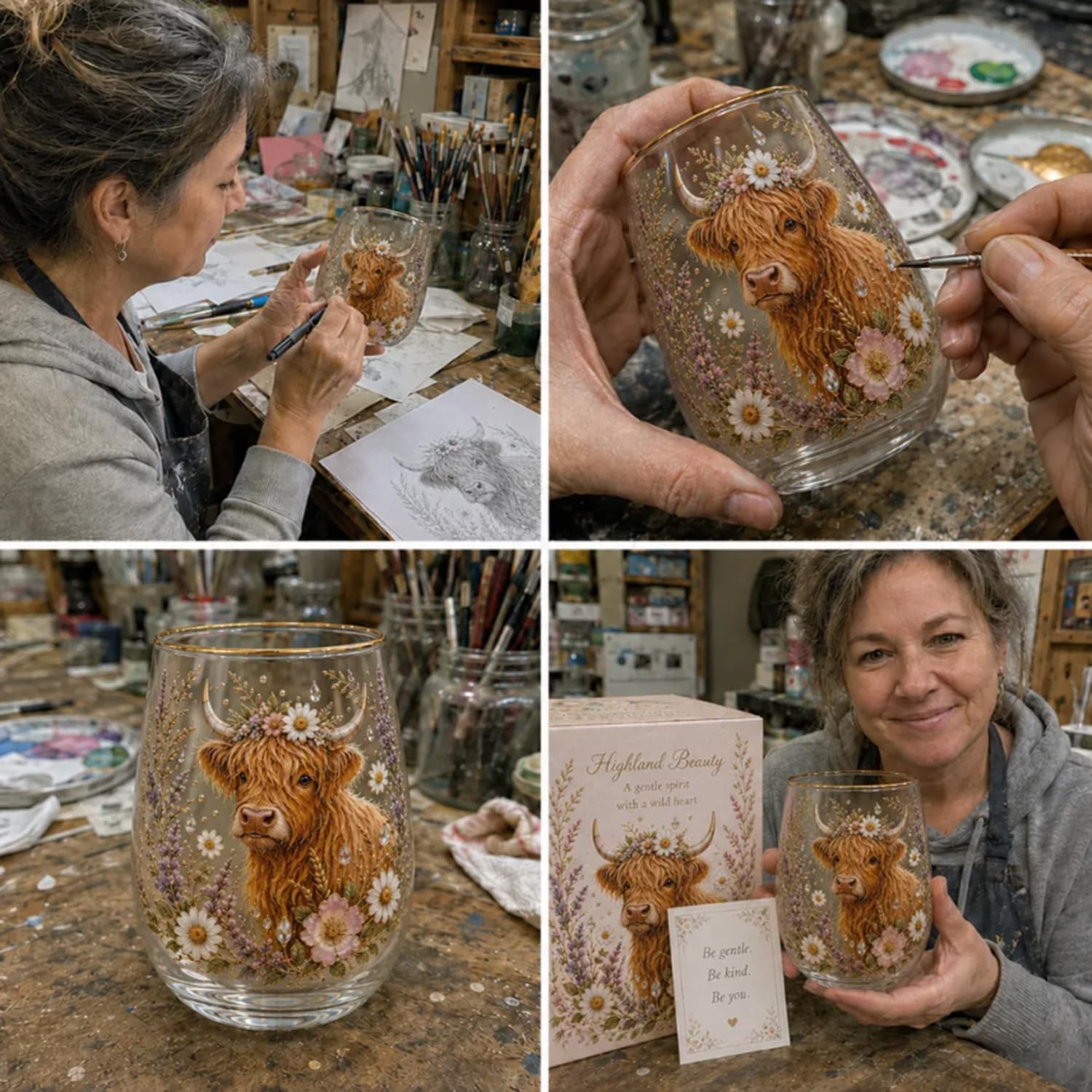 Highland Beauty Glas, handbemalte Highland-Kuh-Schönheits-Glasbecher, lustiges Highlandcow-Gläser-Geschenk-Set, Trinkglas für den täglichen Gebrauch und bedeutungsvolle Urlaubsgeschenke (3 Stück)