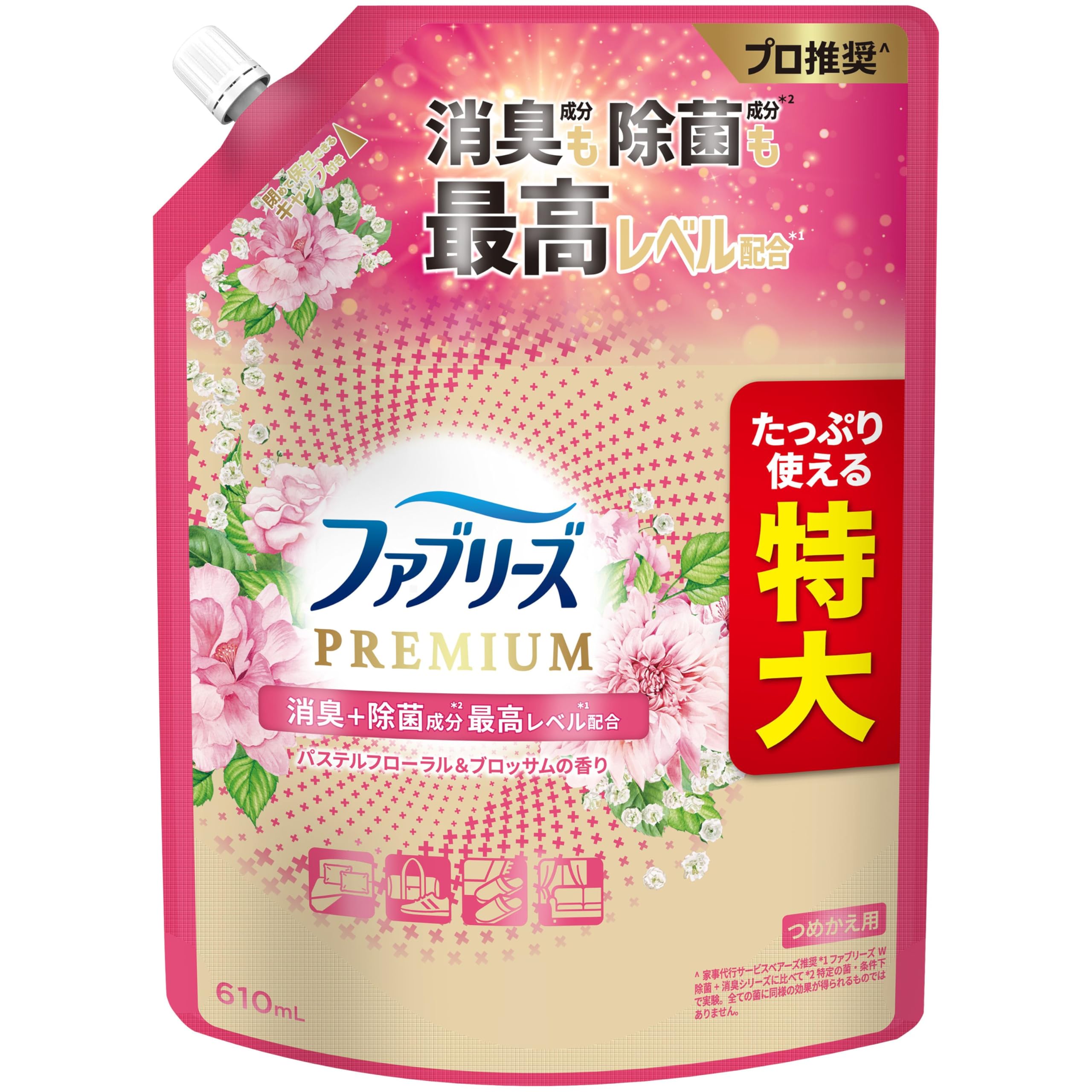 ファブリーズ 消臭スプレー PREMIUM 消臭＋除菌成分最高レベル配合 衣類・布製品用消臭剤 パステルフローラル＆ブロッサムの香り 詰め替え 特大 610mL