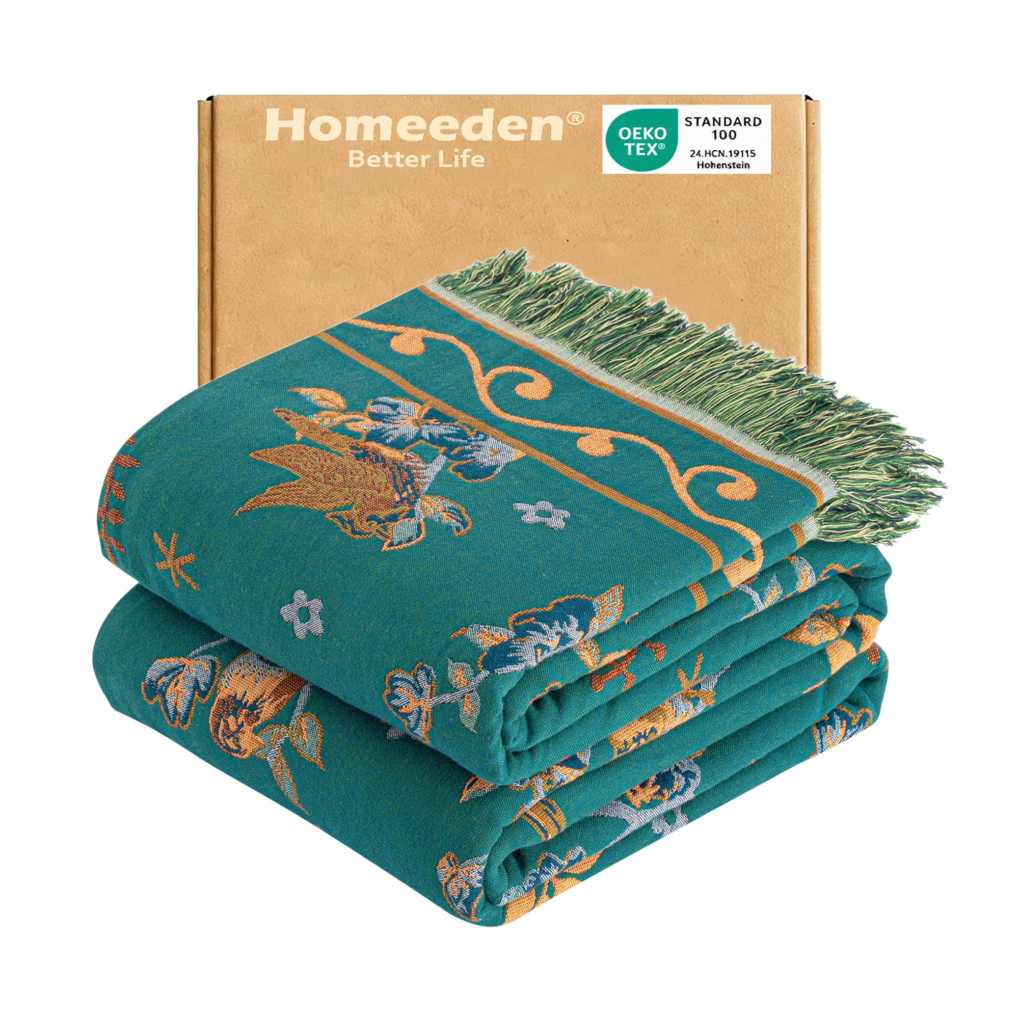 Homeeden 100% Cotton Sofa Throw Blanket, Bohemian Double-sided Large Soft Bed Blanket, Throw for Armchair Single 2 3 Seater Settees, Bird Decorative Boho Bedspread-200x230cm Beige/Green