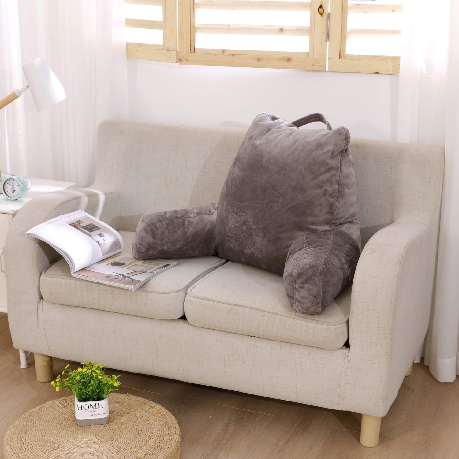 FASO Reading Pillow with Arms for Sitting in Bed，Adult Back Support for Bed with arms,Backrest Lounge Cushion with Pockets for Reading/Watching TV-18inch(Gray) : Home & Kitchen