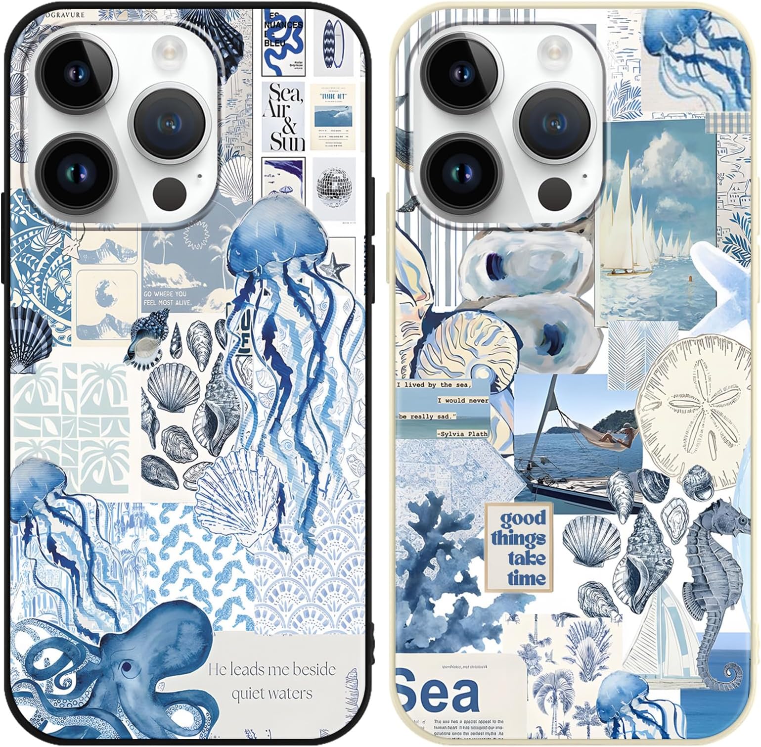 2 Pack Phone Case for iPhone 14 Pro Max Case, Collage Motif Aesthetic Sea Colorful Summer Pattern Girls Case, Soft Silicone TPU Bumper Shockproof Protective Case for iPhone 14 Pro