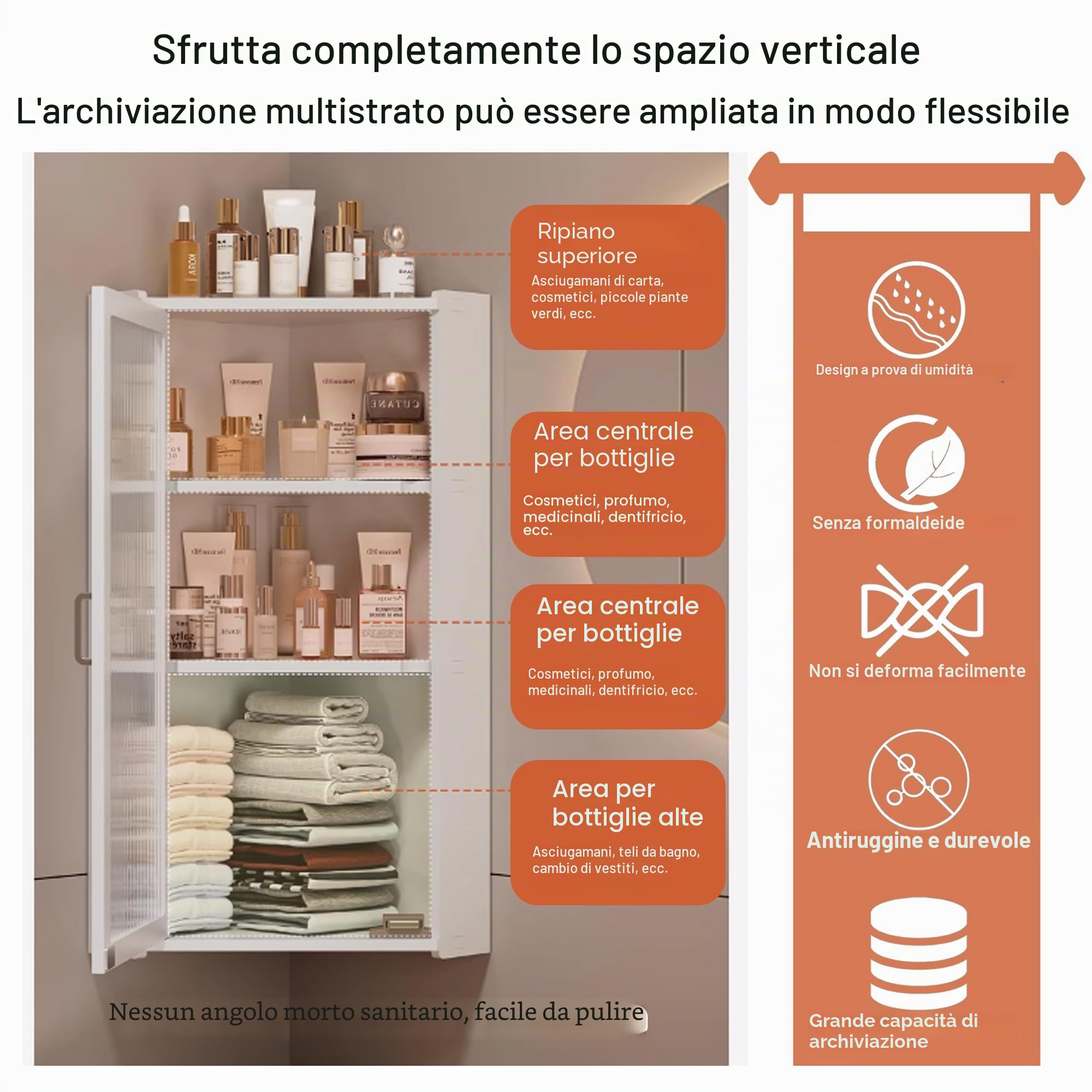 Armadietto bagno, Piccolo mobiletto angolare da bagno, mobiletto da parete per bagnos sopra il water, mobilettos sospeso per cucina, lavanderia, dormitori(Transparent,40 * 70cm)