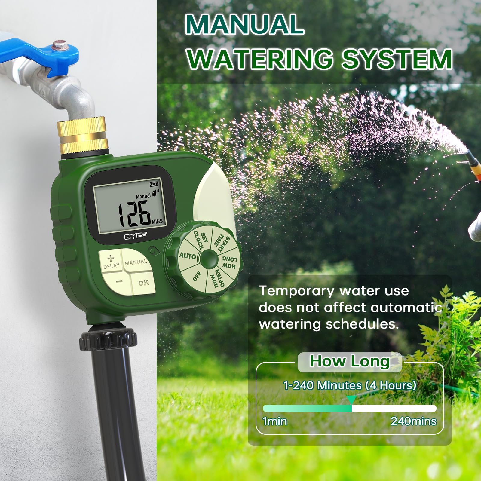 GMR Timer zraszacza, timer wody do węża ogrodowego, timer nawadniania z mosiężnym obrotowym 360°, wodoodporny timer węża do automatycznego nawadniania, ręczny / opóźnienie deszczu, 1 wylot