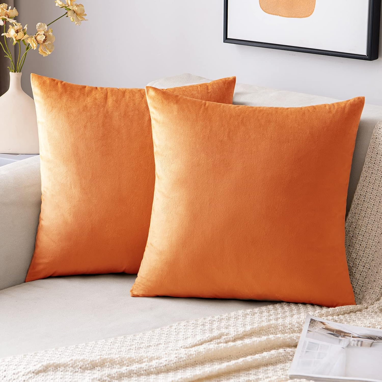 EMEMA Fall Orange Velvet Throw Pillow Covers 16x16 Inch Set