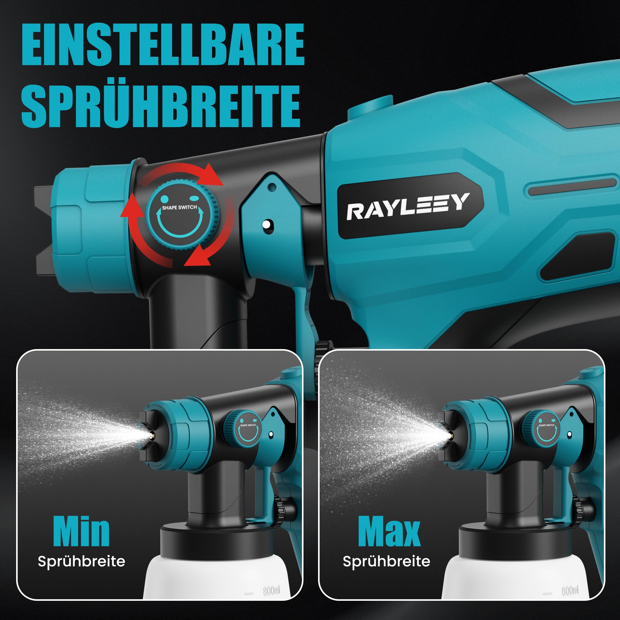 Akku-Farbpistole kompatibel mit Makita Akku 18V, Farbsprühsystem 1000 ml/min, 800-ml-Behälter mit 4 Düsen (1/1,5/2,0/2,5 mm), Akku-sprühpistole für Wände, Möbel, Farbe