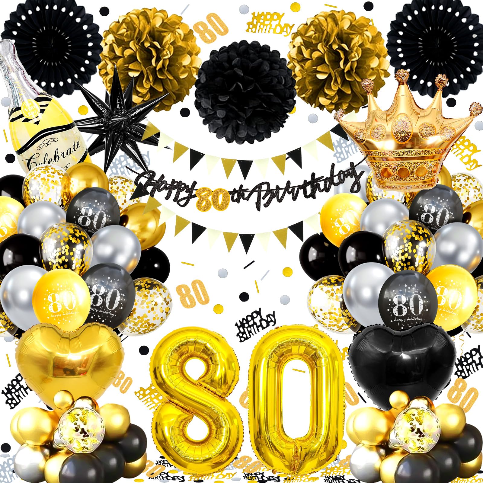 80th Birthday Balloons Black Gold, Banner, Triangle Flag, 80th Birthday Decorations, Black Gold Party Decorations Set, Latex, Heart, Crown And Numbers Balloons, Confetti, Paper Pom Poms, Ribbon