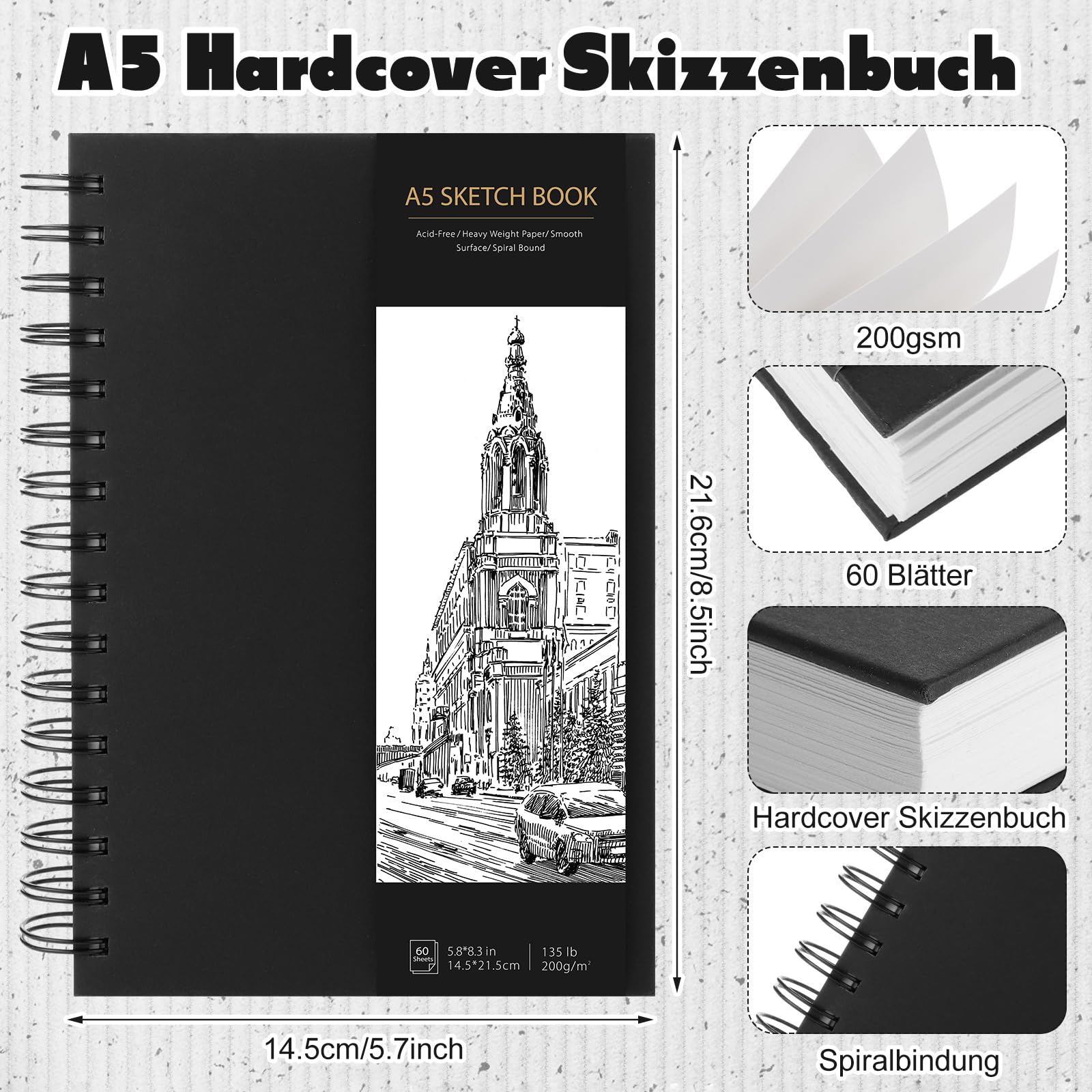 3er Set A5 Skizzenbücher - 120g/m² Papier, Spiralbindung, Säurefrei