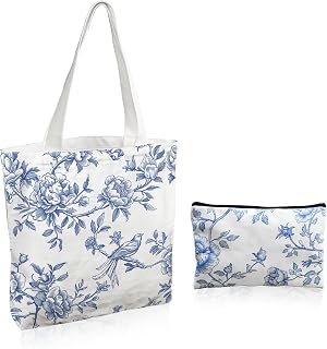 Floral Canvas Tote Bags Set for Women Floral Shoulder Bag Cosmetic Bag Chinoiserie Bags for Travel Shopping