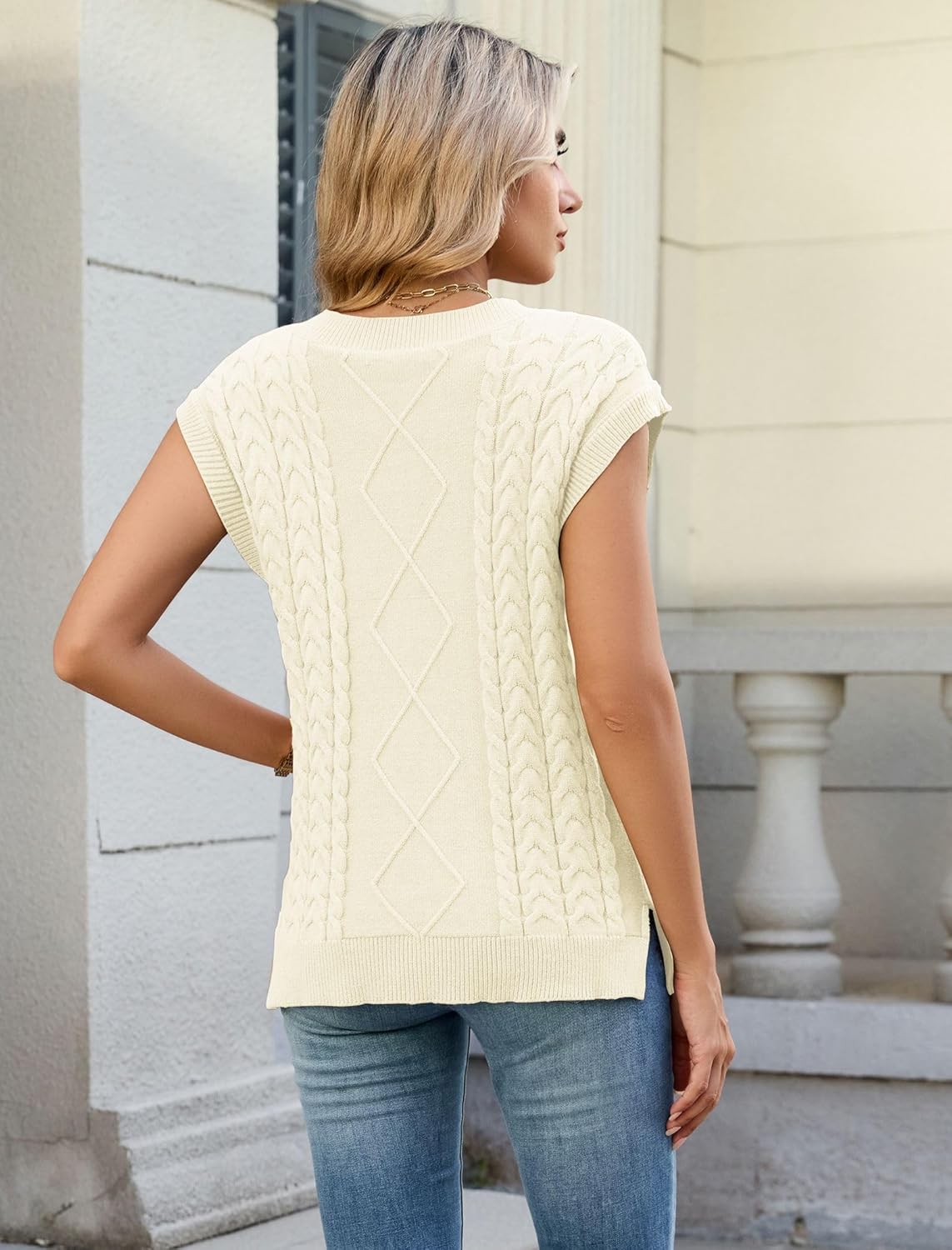 ZAFUL Womens V Neck Sweater Vest Cap Sleeve Oversized Ribbed Cable Knit Casual Loose Tank Top Pullover - Image 6