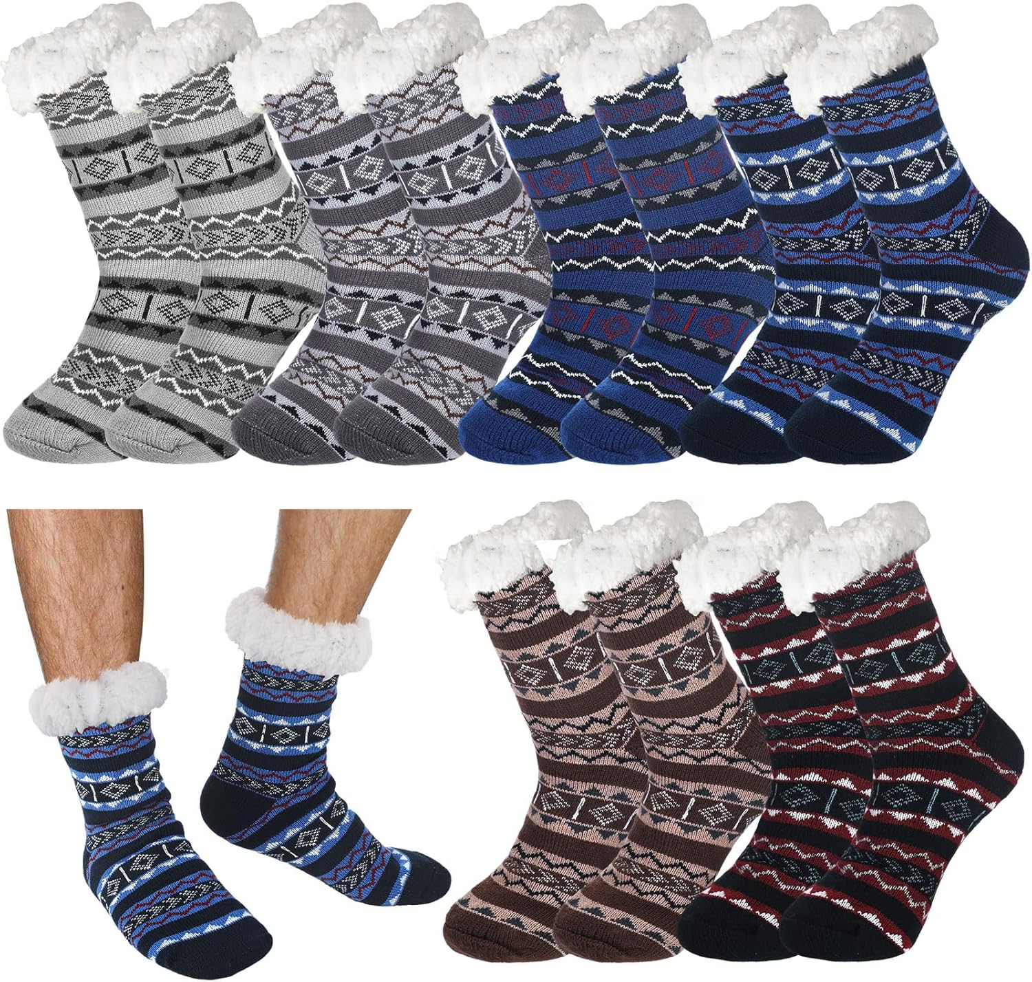 Liitrsh 6 Pairs Mens Fuzzy Slipper Socks with Grip Winter Non Slip Fluffy Winter Warm Lamb Fleece Socks for Holiday Gifts