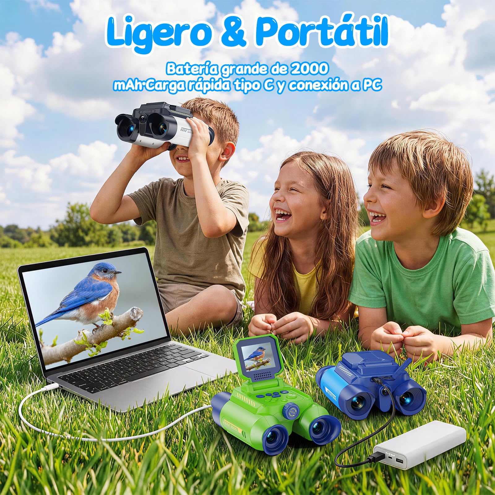 Prismaticos Niños Aventura Cámara, Prismaticos Vision Nocturna, Prismáticos de Juguete con Cámara-Fotos y Vídeos, Juegos Educativos, para Niños Acampadas, Senderismo, Exploración (Azul)