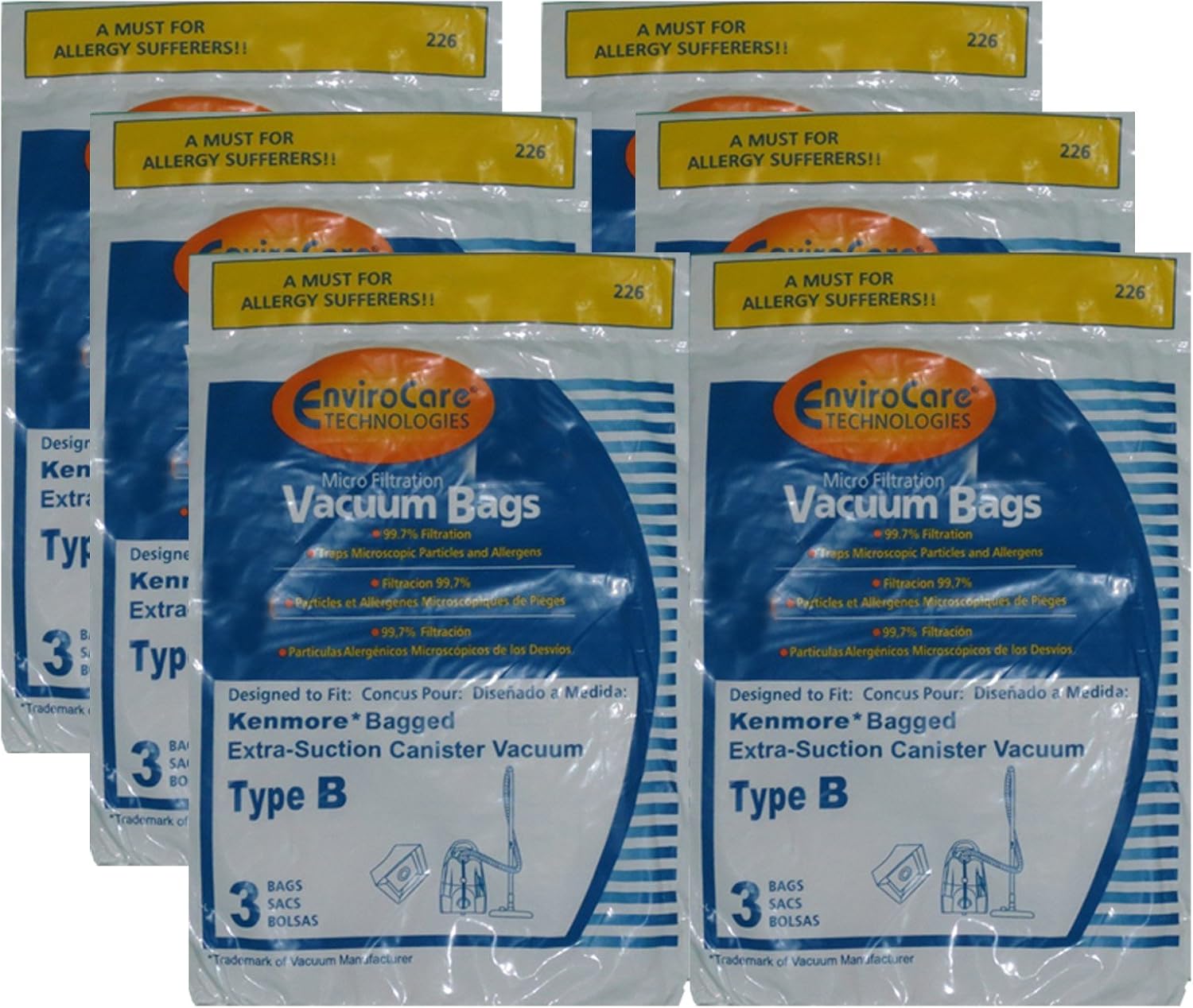 18 Kenmore Type B Vacuum Cleaner Allergen Extra-Suction Canister Vacuum Cleaner Bags, Galaxy Series, 85003, 634875, 24196, 20-24196, 0-24196, 115.2496210, 02053278000