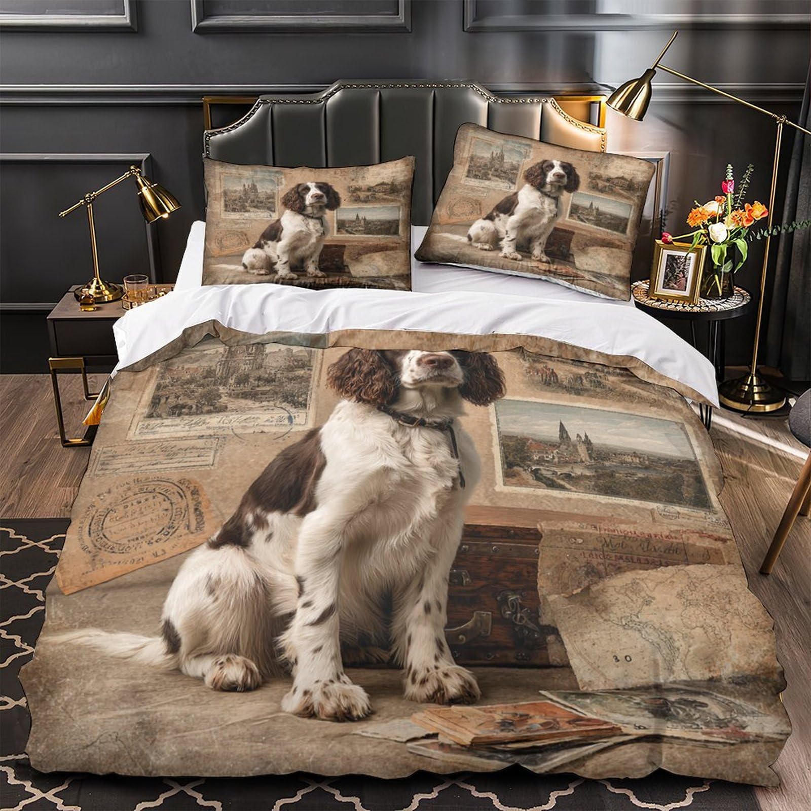 Housse de couette chien vintage microfibre douce anti-plis avec zip