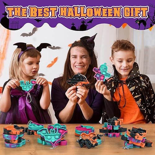 Miniatura 5 de Llavero de Halloween Pop Fidget Toys, paquete de 24 mini llaveros a granel, juguetes de Halloween y recuerdos de fiesta para niñas y niños, alivia