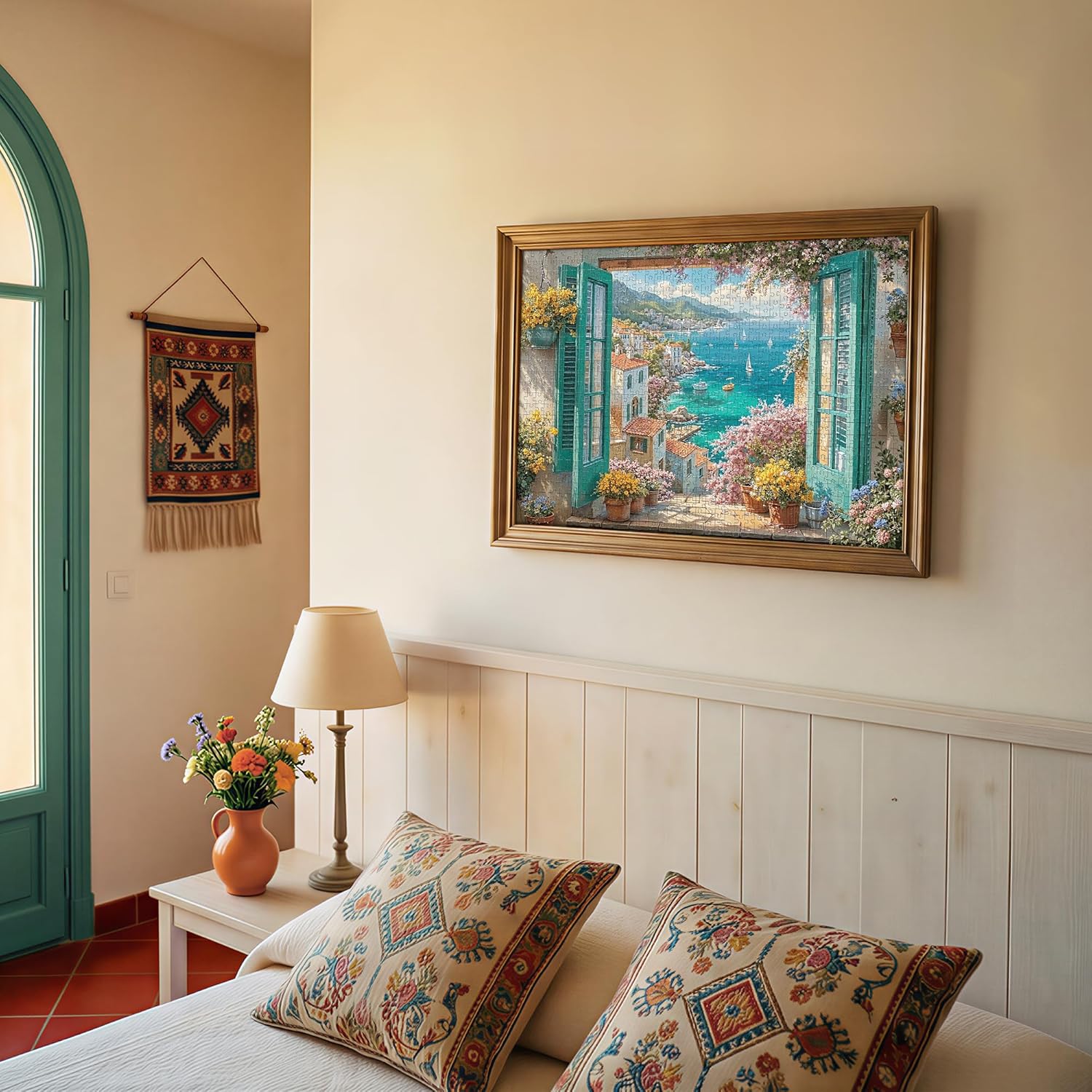 Puzzles for Adults 1000 Pieces, Landscape 1000 Piece Jigsaw Puzzle with Letters on Back, Mediterranean Window View Seaside Scene, Home Decor Gifts for Adult Puzzles, 1:1 Poster, 27.6"x19.7"
