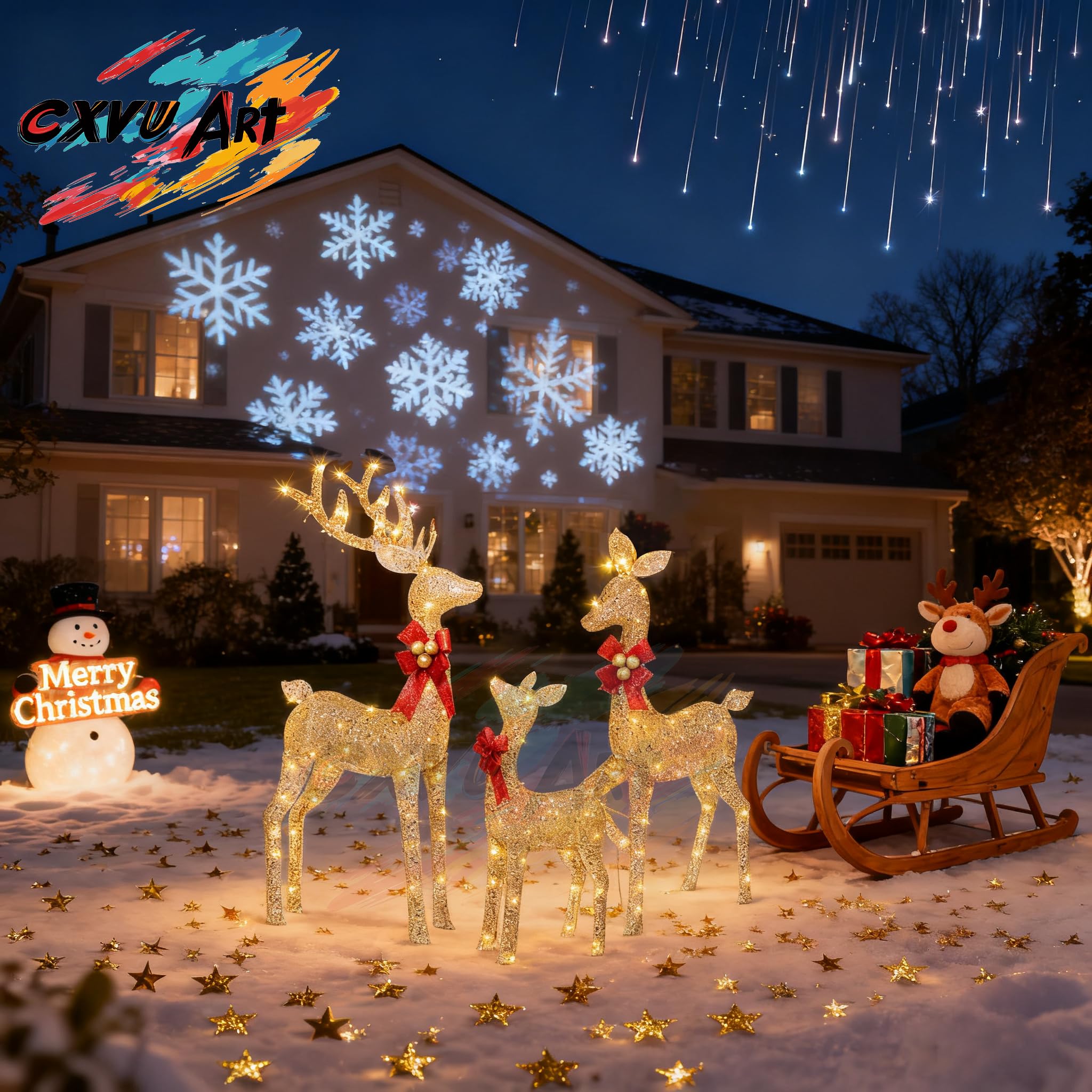 Decoración navideña de renos para patio, 3 piezas de familia de renos iluminados para decoración de Navidad al aire libre, patio, ciervos de Navidad iluminados, decoraciones navideñas al aire