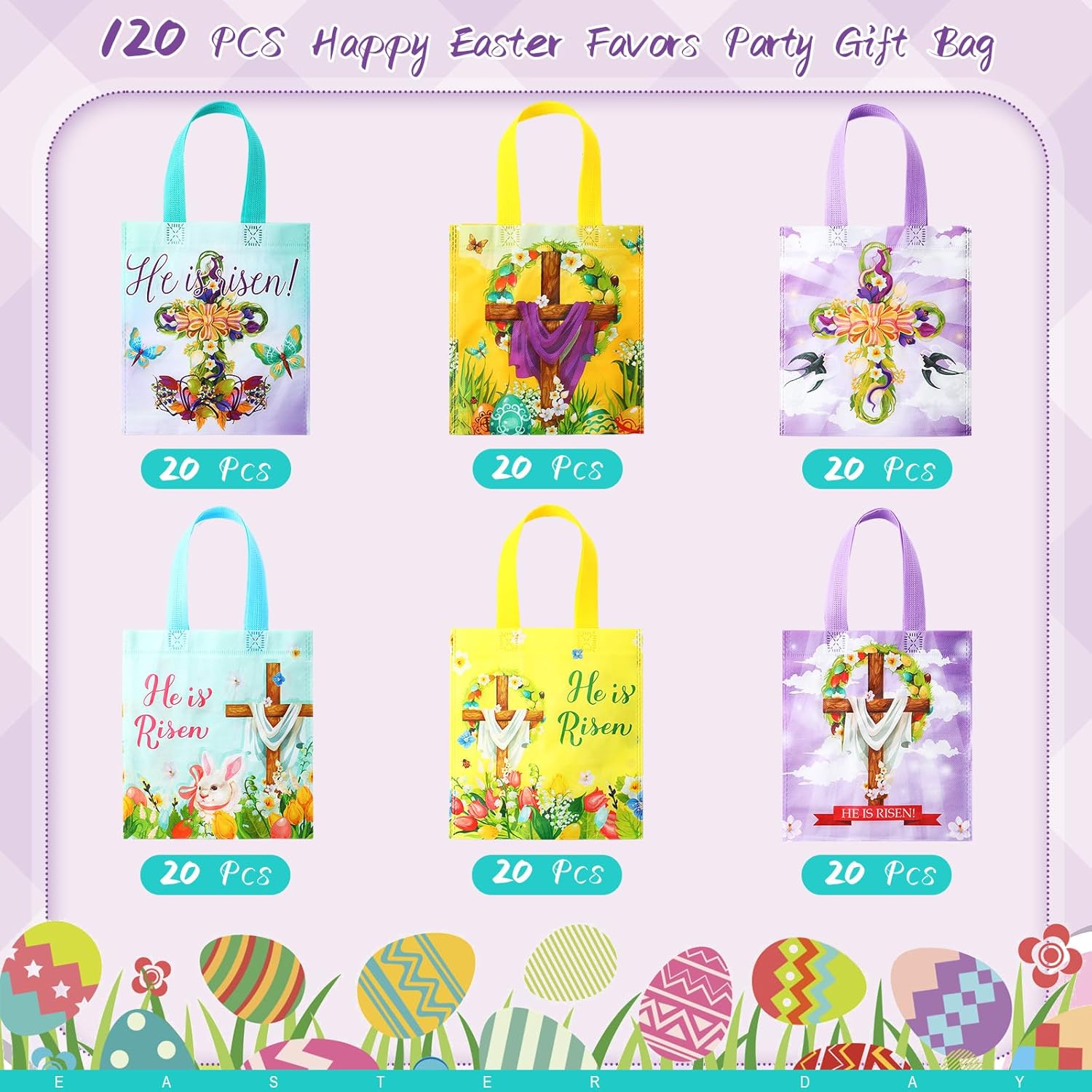 Wesnoy 120 Pcs Easter Gift Bags Bulk He Is Risen Religious Easter Bags with Handles Reusable Non Woven Treat Baskets for Church Goodie Party Supplies