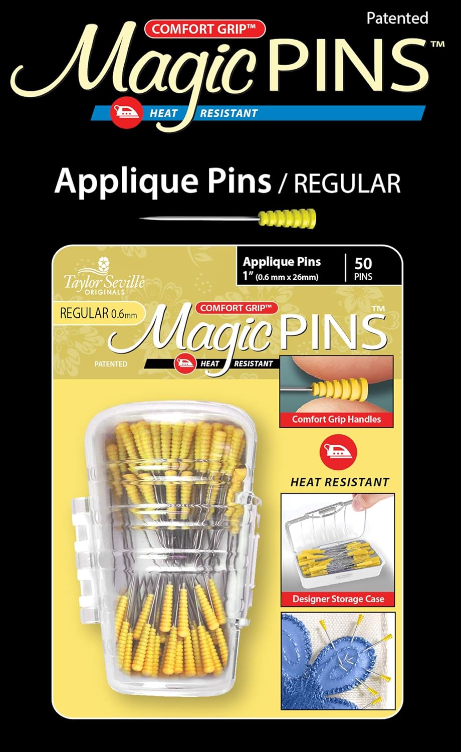 Taylor Seville Originals Comfort Grip Magic Pins Applique Regular -Quilting Supplies-Sewing Supplies-Sewing Notions-50 Count