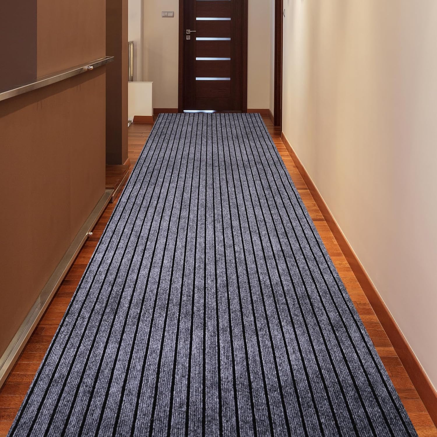Runner Rugs 3 x 15 ft for Hallway with Rubber Backing, Non Slip Indoor Rug, Outdoor Runner Rug Waterproof, Custom Size Area Rugs for Entryway, Balcony, Patio, Kitchen, Garage, Stair, and Laundry 3x15 ft Grey Wide Stripe
