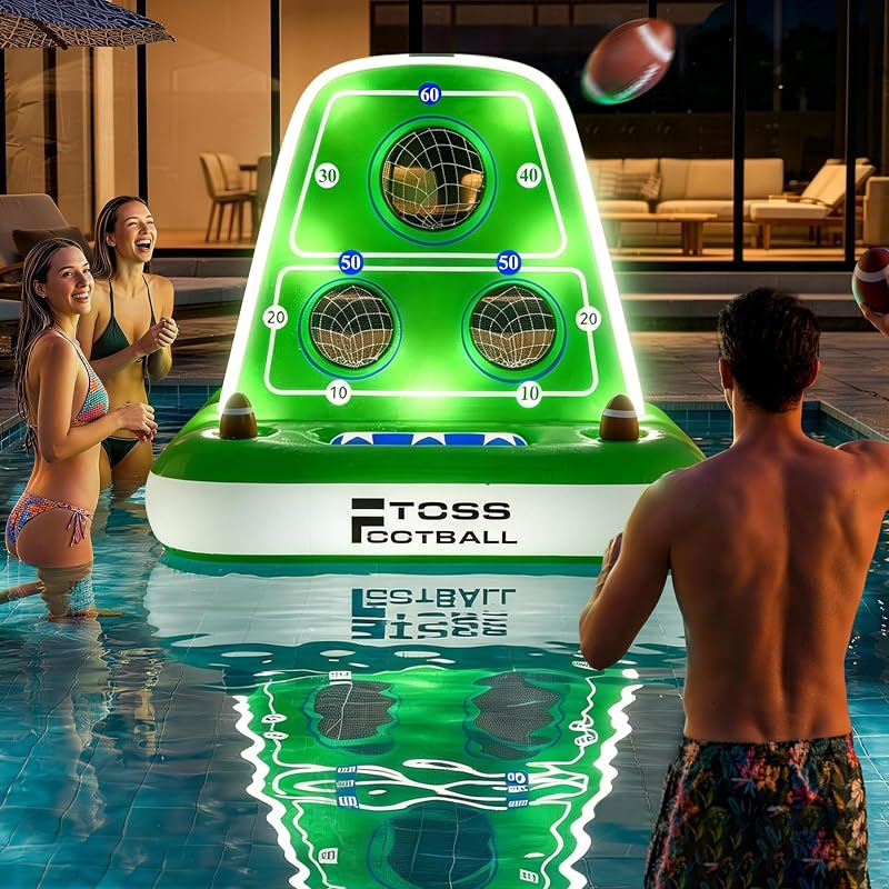 Inflatable Football Toss Game for Pool,Water Football Target for Kids&Adult | Inflatable Pool Toss Game with Solar Lights and 4 Balls & 1 Pump.Fun Summer Pool Toy with Dual Net Design and Stable Base