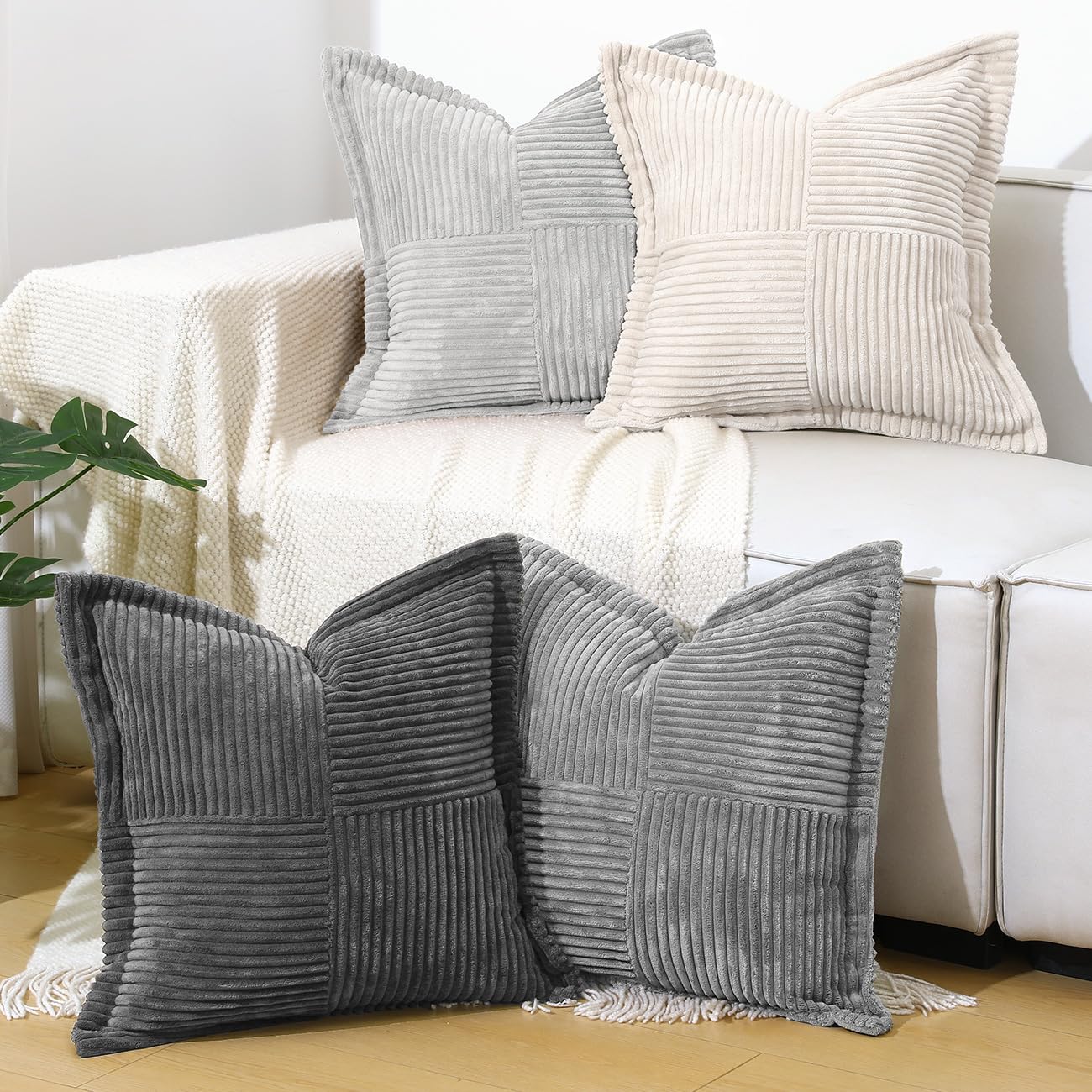 Lewondr Corduroy Throw Pillow Covers 18×18 Inch, 4 Pack Soft Square Throw Pillow Cases, Decorative Boho Striped Couch Pillow Covers for Living Room