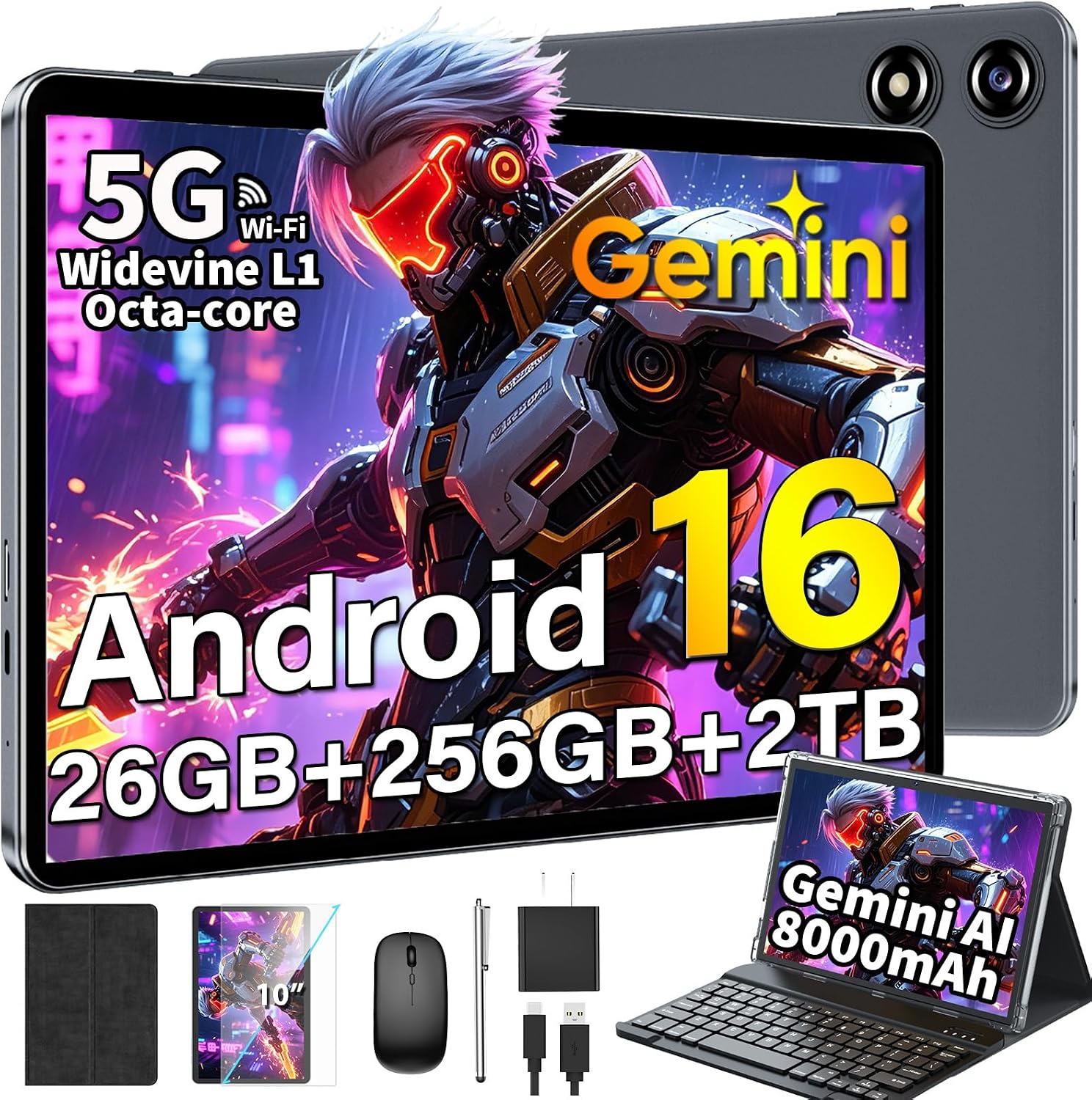 Android Tablet with Keyboard, Android 16 Tablet with 26GB+256GB+2TB Expand, Gemini AI, 10 inch Tablet with 8-Core, 5G WiFi, 8000mAh, GPS, Electronic 2 in 1 Tablet PC with Case, Mouse, Stylus (Black)