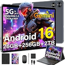 Android Tablet with Keyboard, Android 16 Tablet with 26GB+256GB+2TB Expand, Gemini AI, 10 inch Tablet with 8-Core, 5G WiFi, 8000mAh, GPS, Electronic 2 in 1 Tablet PC with Case, Mouse, Stylus Black