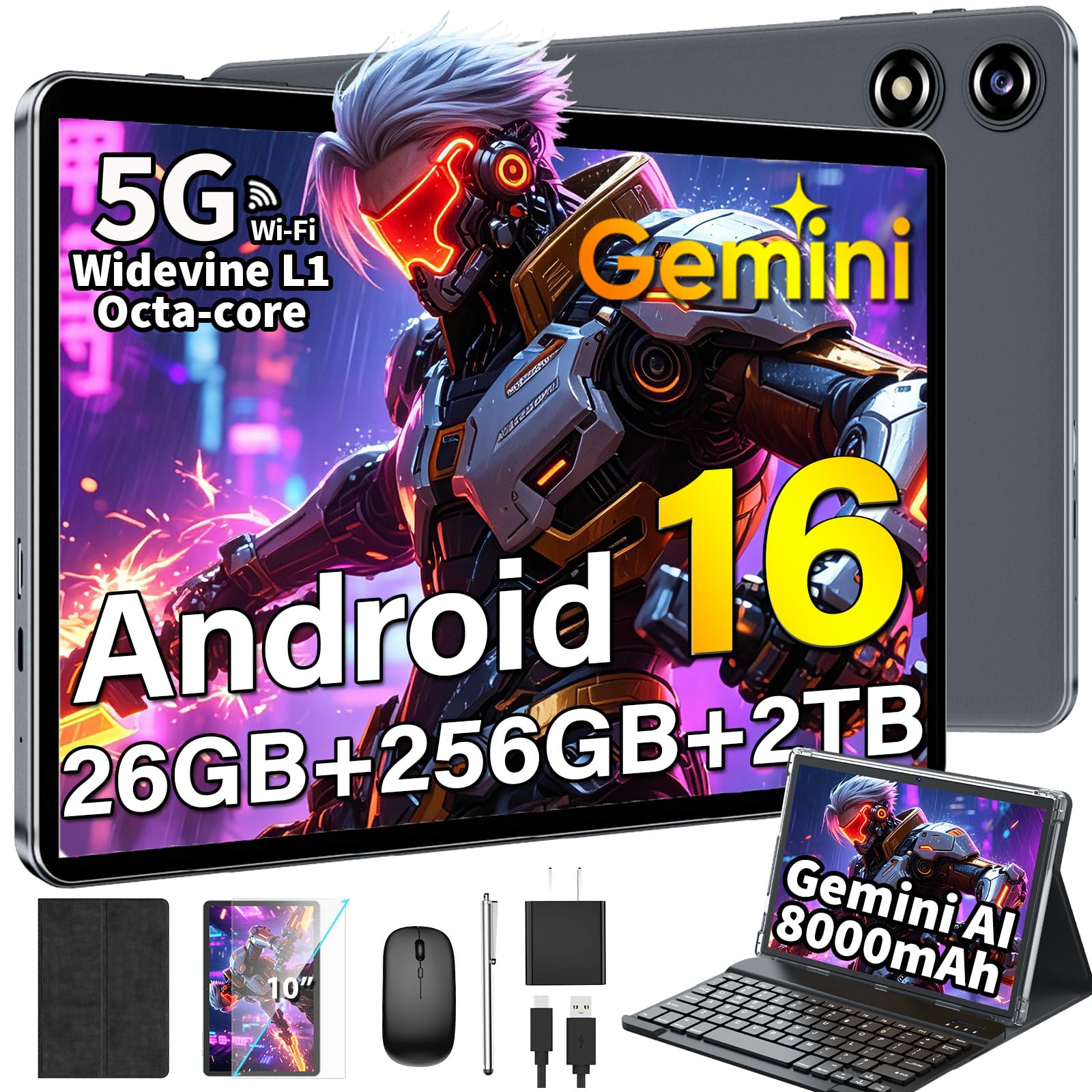 android 16タブレットGemini 256GB 8000mAh ブラック Amazon.com : Android Tablet with Keyboard, Android 16 Tablet with