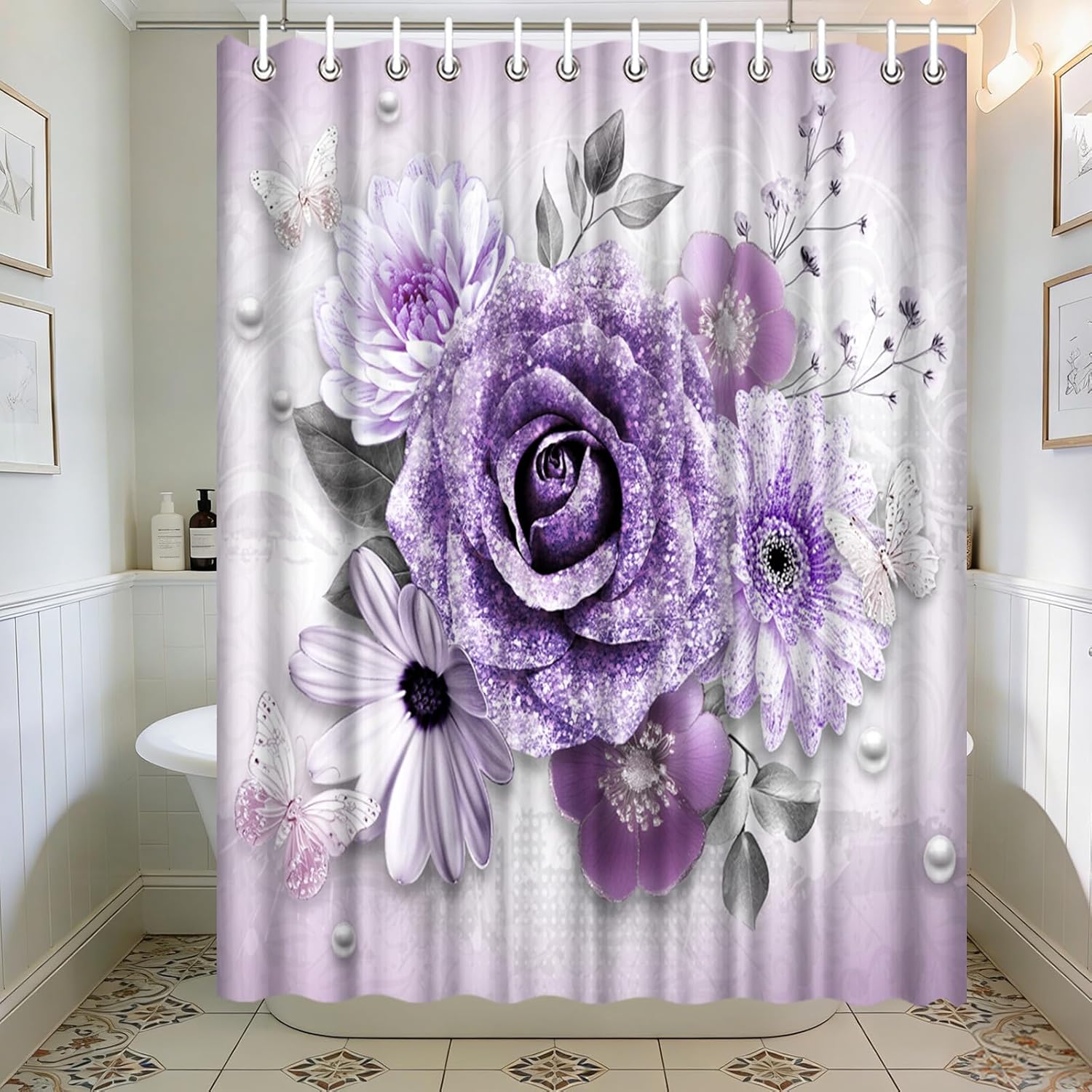 Purple Floral Shower Curtain with Butterfly Prints Elegant Rose Flower Bathroom Decor Waterproof Polyester Bath Curtain 72x72 Inch with Hooks