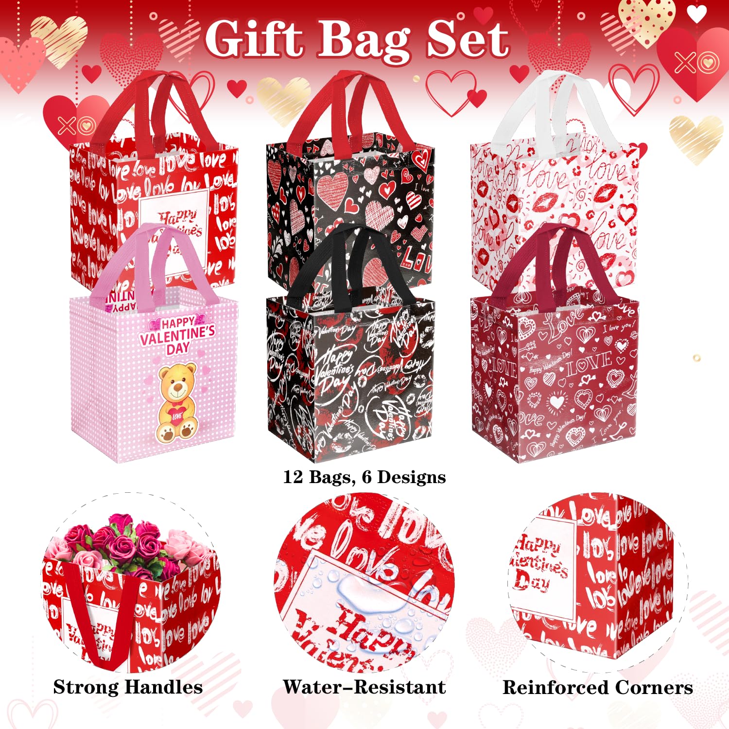 JWSCYSY 12Pack Happy Valentine's Day Reusable Tote Bags, Non-Woven Valentines Gift Bags with Handles for Valentine Party Favor, Gift Wrapping.