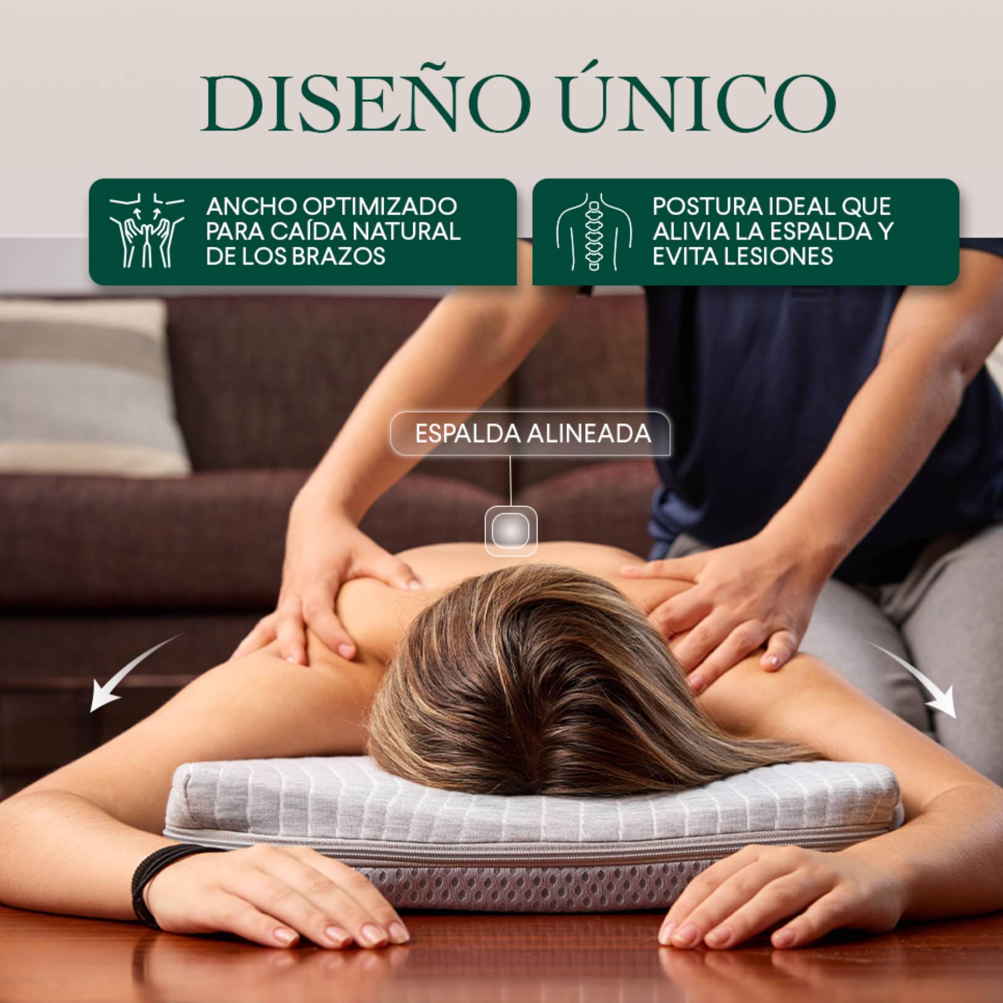 Colchón de Masaje Cervical, Espalda y Lumbar con Hueco Facial ergonómico – Respira Boca Abajo – Espuma Firme, Funda Lavable – Incluye Aceite Masaje 100 ml