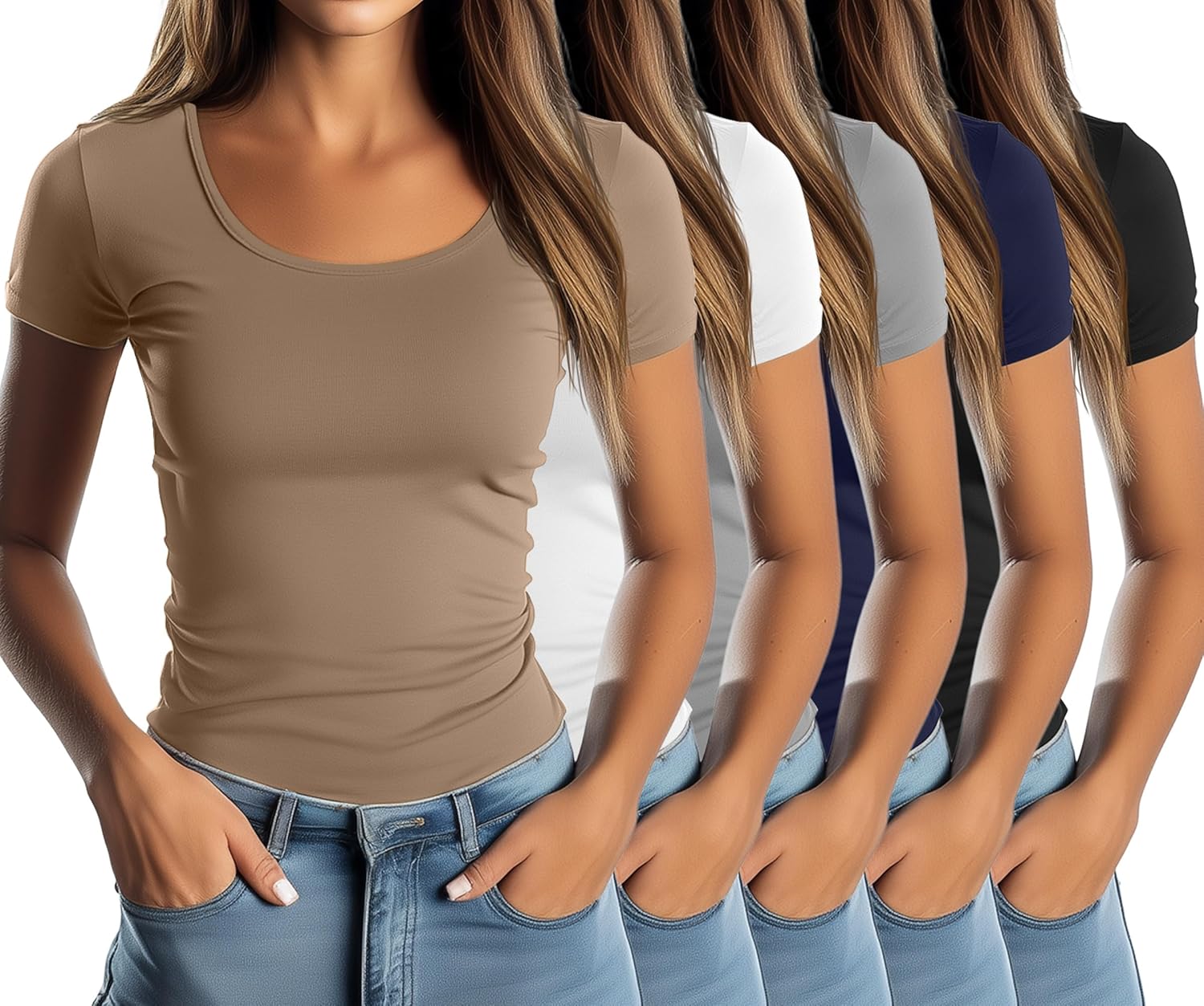 5 Pack Women's Scoop Neck Short Sleeve Shirts Fitted Tops Bulk Casual Basic Stretchy Tight Summer Multipack Tees