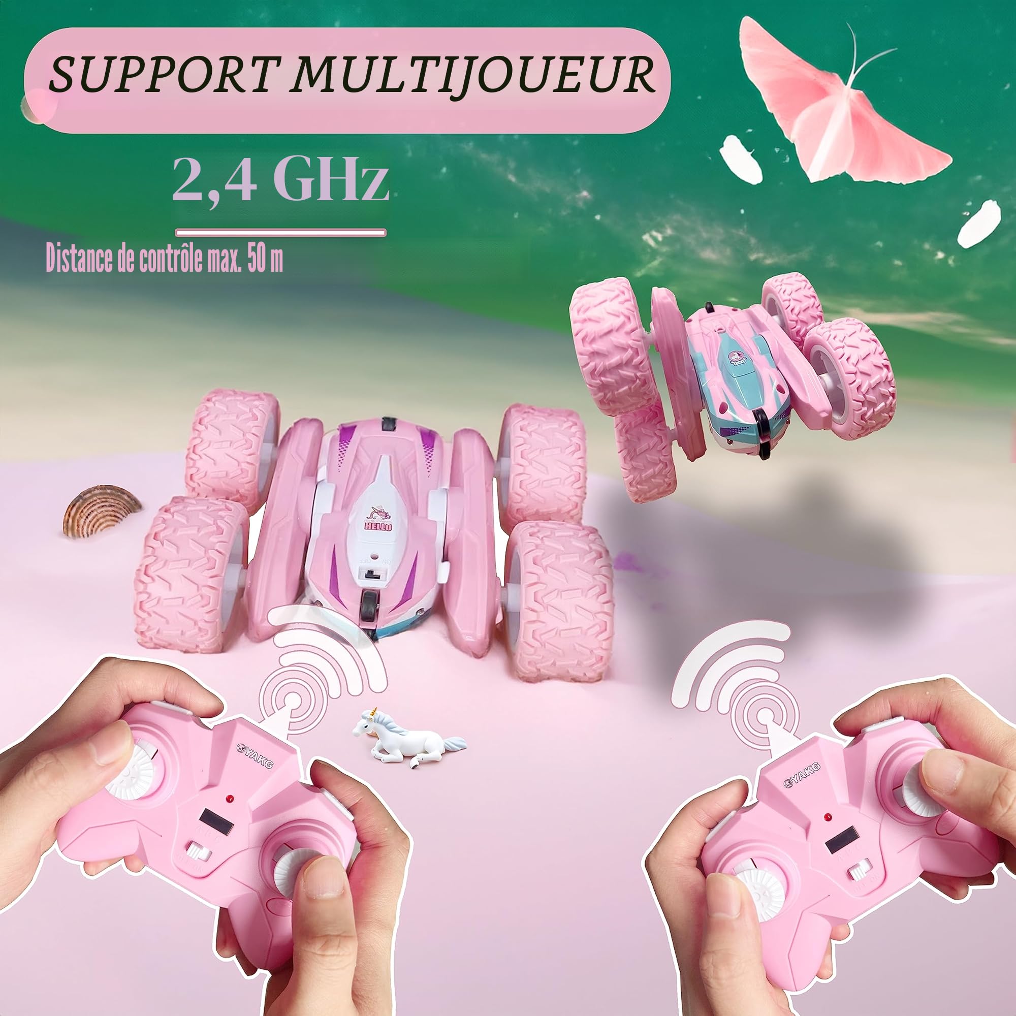 Voiture Télécommandée,4WD Licorne Rose Voiture Telecommandé Enfant Fille 3 4 5 6 7 8 9 10 Ans Aves Radiocommandée et 2 Piles, RC 360° Flip Rotatif et Lumière,Jouet Cadeau Fille 3-12 Ans