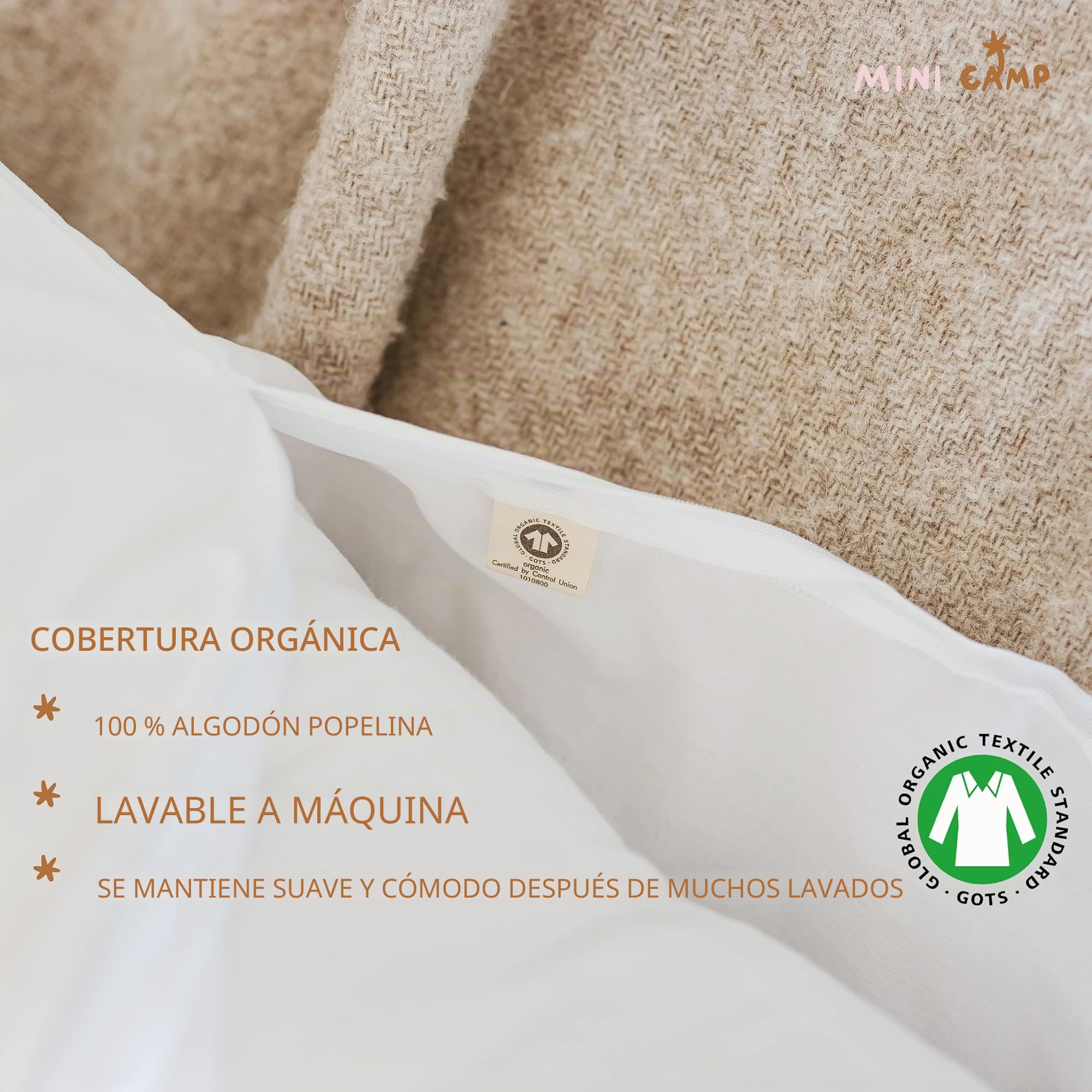 MINICAMP Cojín Embarazada en U | Algodón Orgánico Certificado Gots | Relleno Hipoalergénico Oeko-Tex | Almohada Embarazo para Dormir y Lactancia | Funda Extraíble Lavable