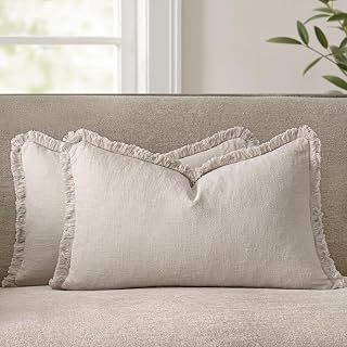 ANRODUO Decorative Linen Fringe Pillow Covers 12×20 Natural Beige 2 Pack