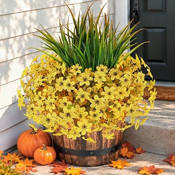 15 Pcs Mums Artificial Flowers Outdoor, Faux Fall Front Porch Decor Yellow