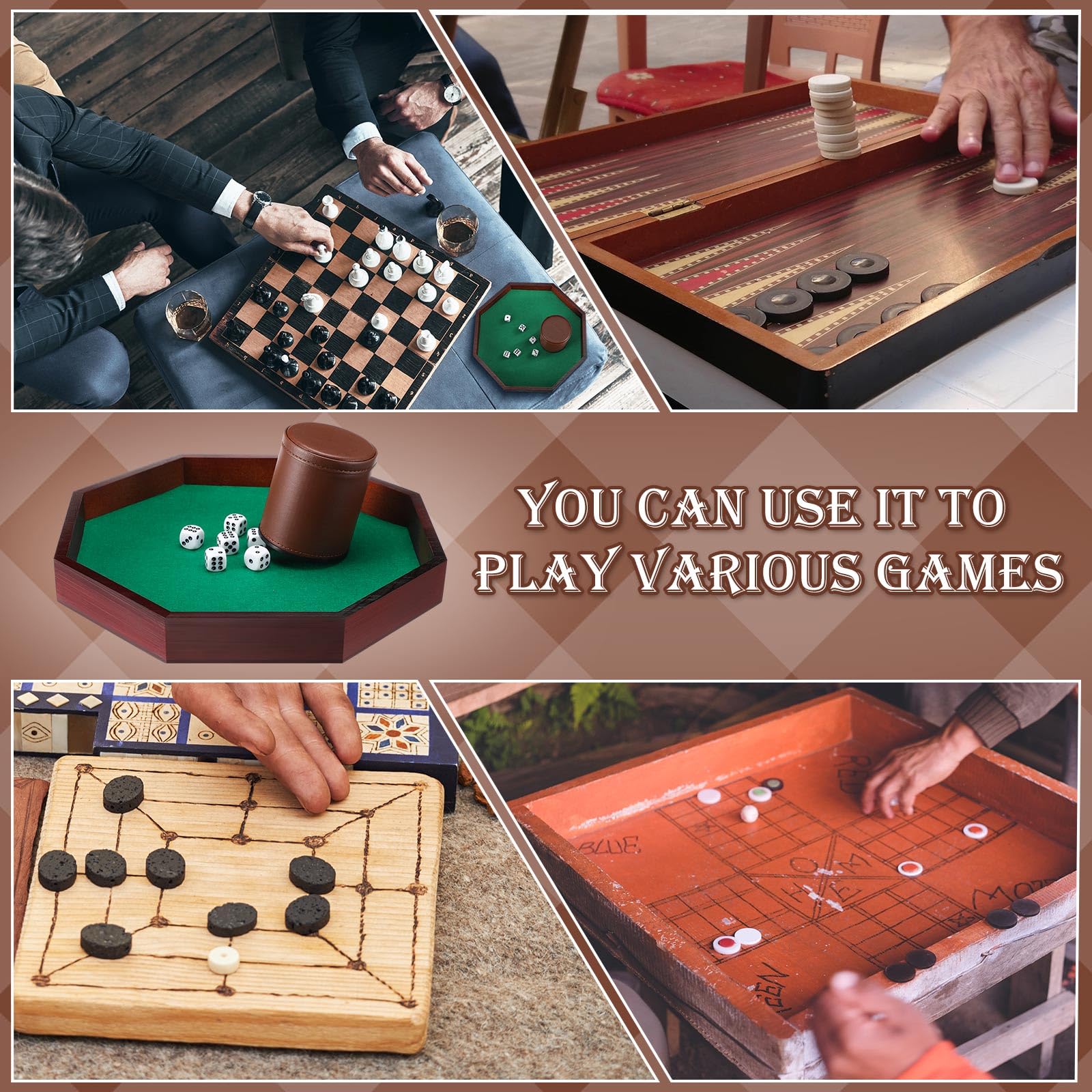 MiniInflat El juego de dados octogonal de Navidad incluye bandeja de dados de madera, forro de fieltro, taza de dados de piel sintética con 6 dados de puntos para juegos de mesa (café)