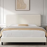 Yaheetech Beige Chenille Upholstered Full Size Platform Bed Frame with Adjustable Headboard, No Box Spring Needed, Wood Slats, Easy Assembly