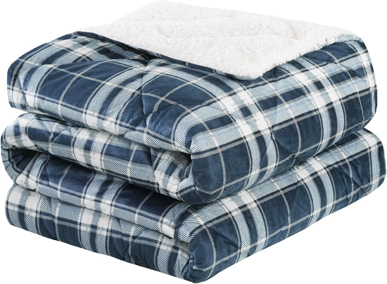 Best Deal Comfort Spaces Aaron Sherpa Comforter and Throw Combo Set, Ultra Softy Fluffy Warm Checker Plaid Pattern Cold Weather Bedding, Full/Queen, Navy,CS10-0409