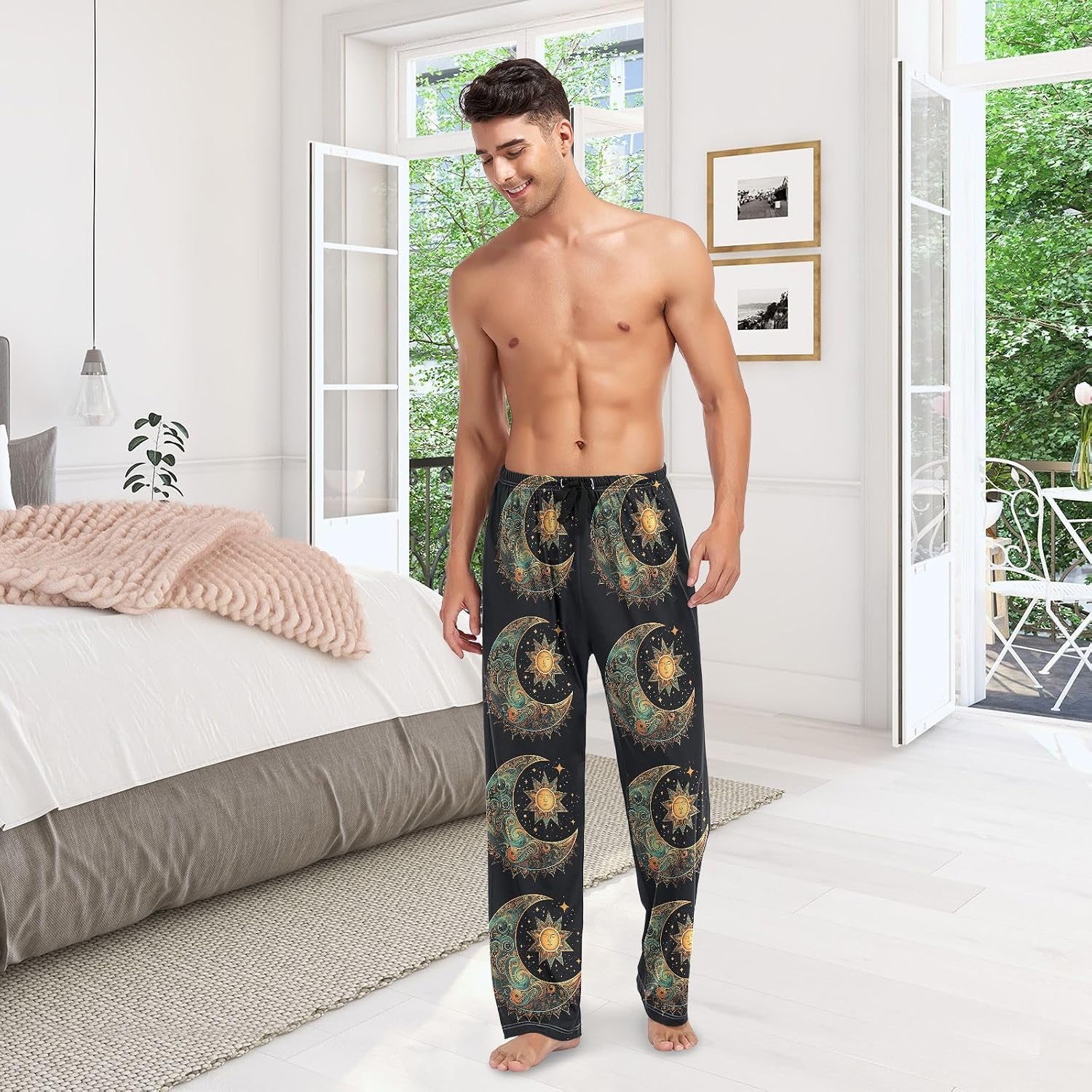 ALAZA Crescent Moon Stars Sun Men's Sleepwear Mens Pajama Pants Bottoms with Pockets, S